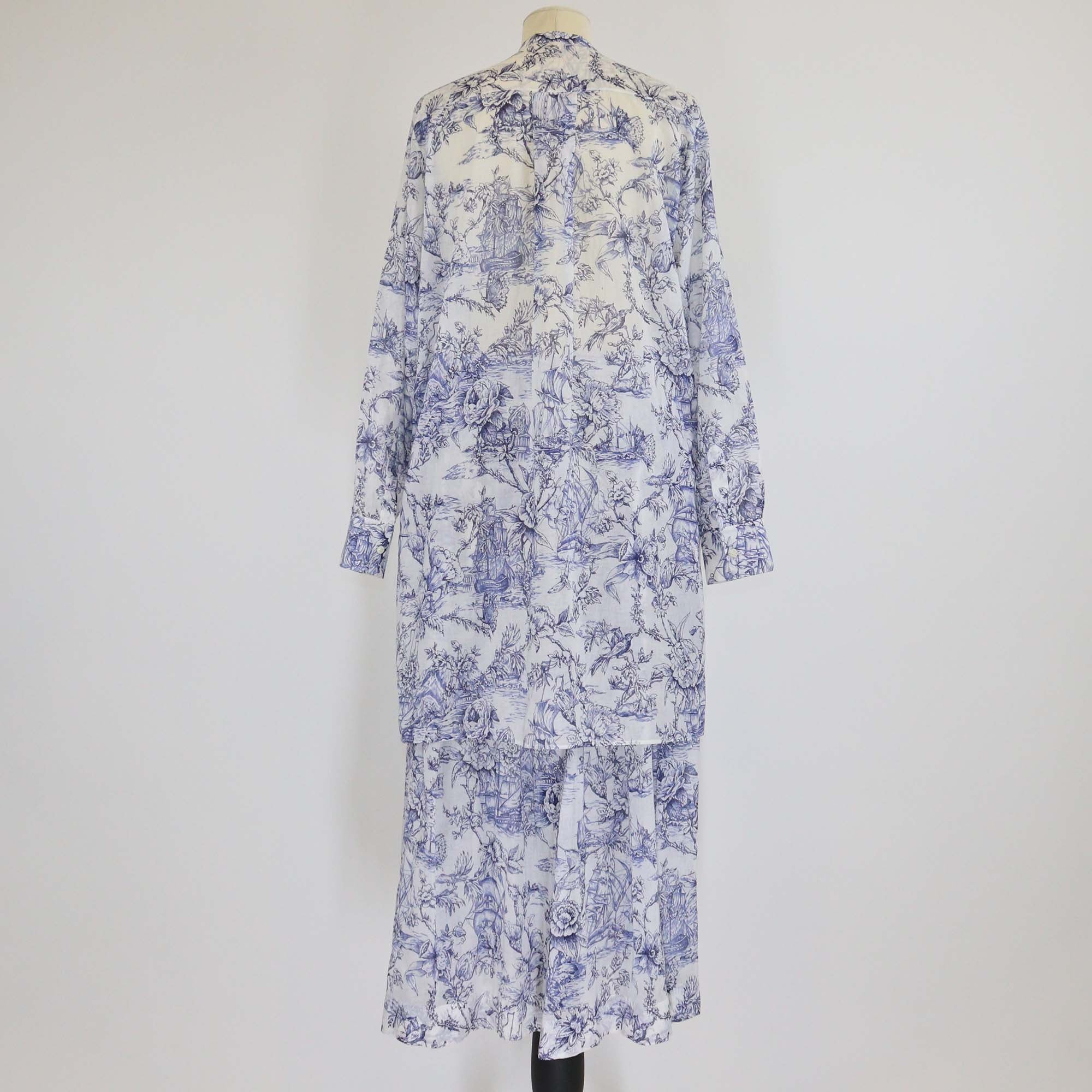 Christian Dior White/Blue Cotton Toile De Jouy Print Tunic Blouse & Skirt Set