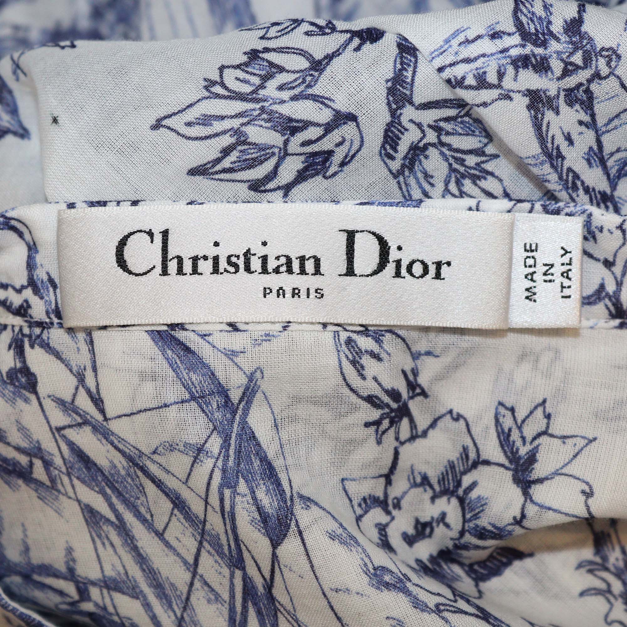 Christian Dior White/Blue Cotton Toile De Jouy Print Tunic Blouse & Skirt Set