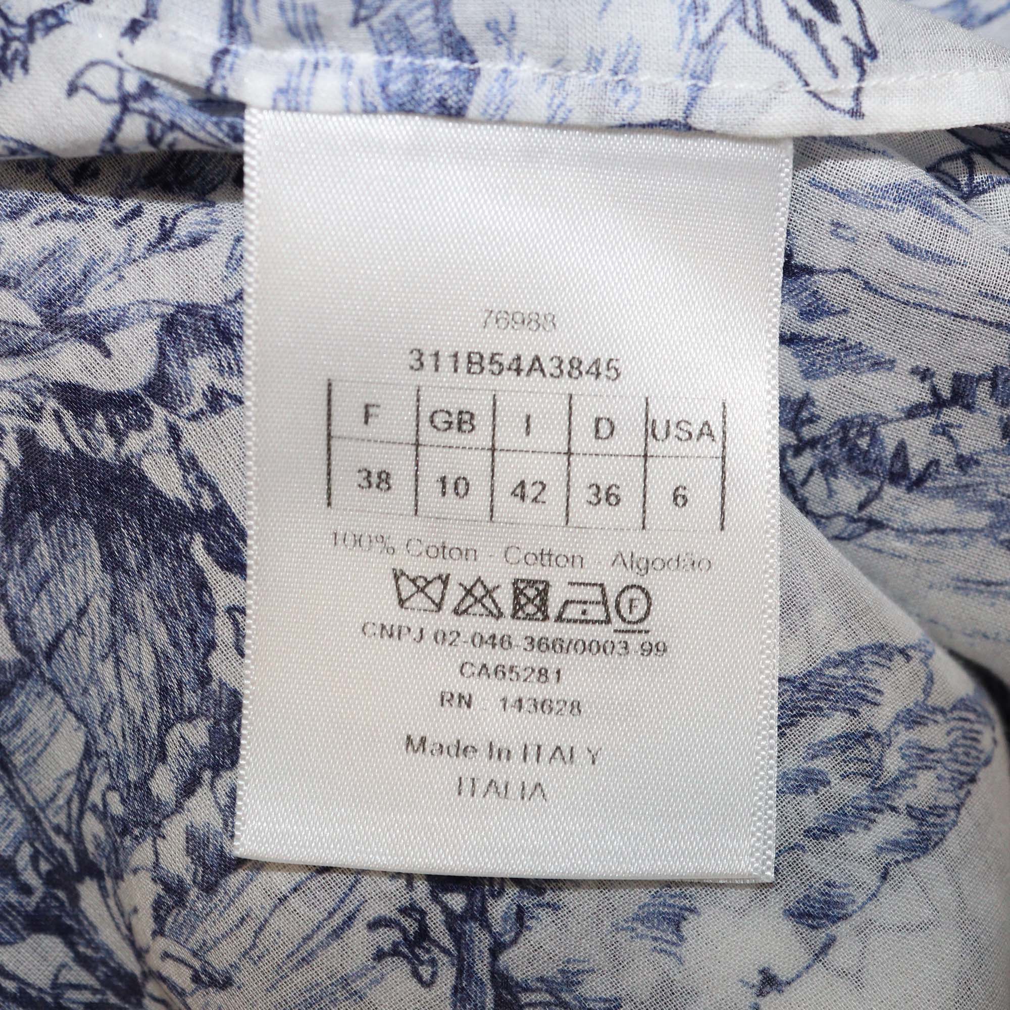 Christian Dior White/Blue Cotton Toile De Jouy Print Tunic Blouse & Skirt Set