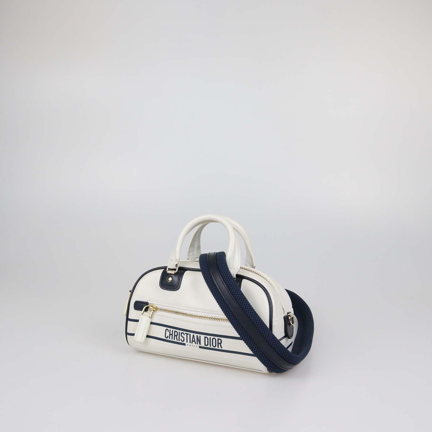 Christian Dior White/Navy Blue Leather Micro Dior Vibe Bowling Bag