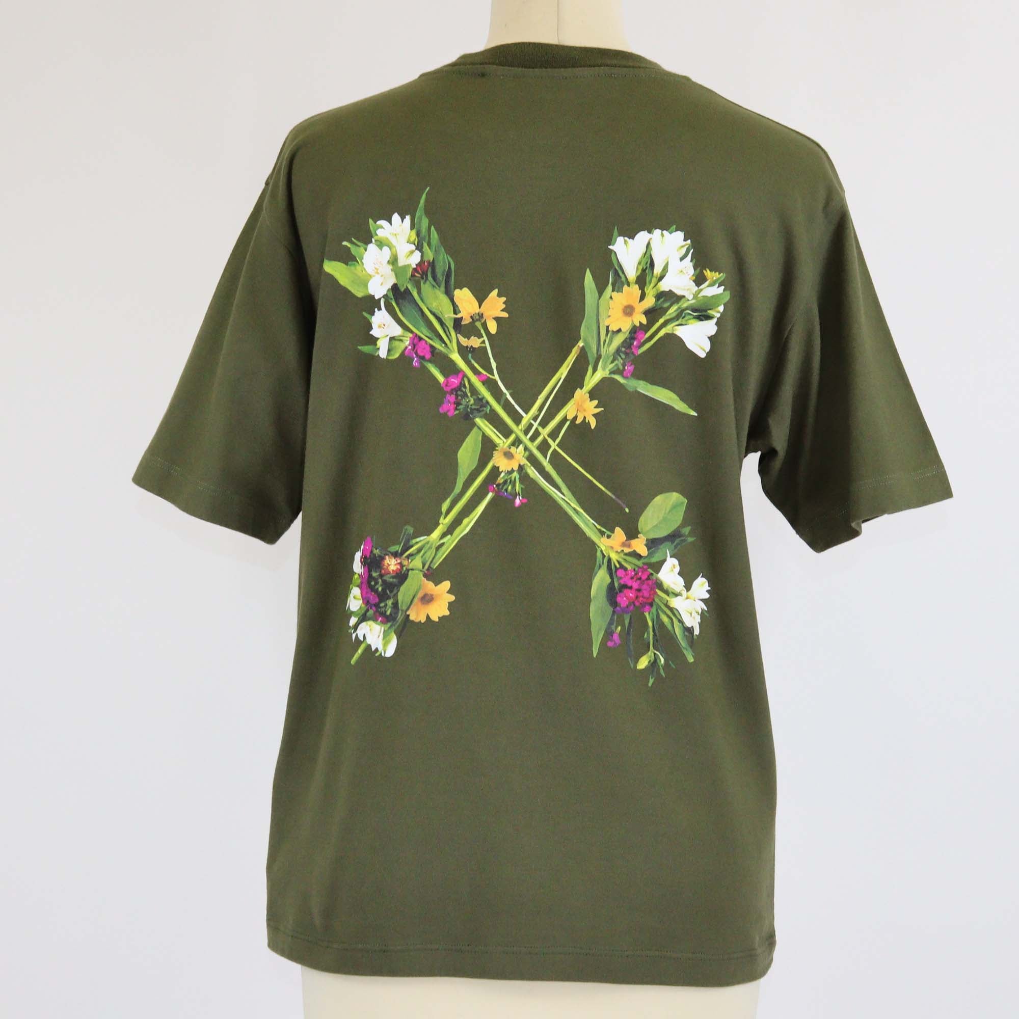 Off-White Khaki Green Floral Logo Print Cotton Crew Neck T-Shirt