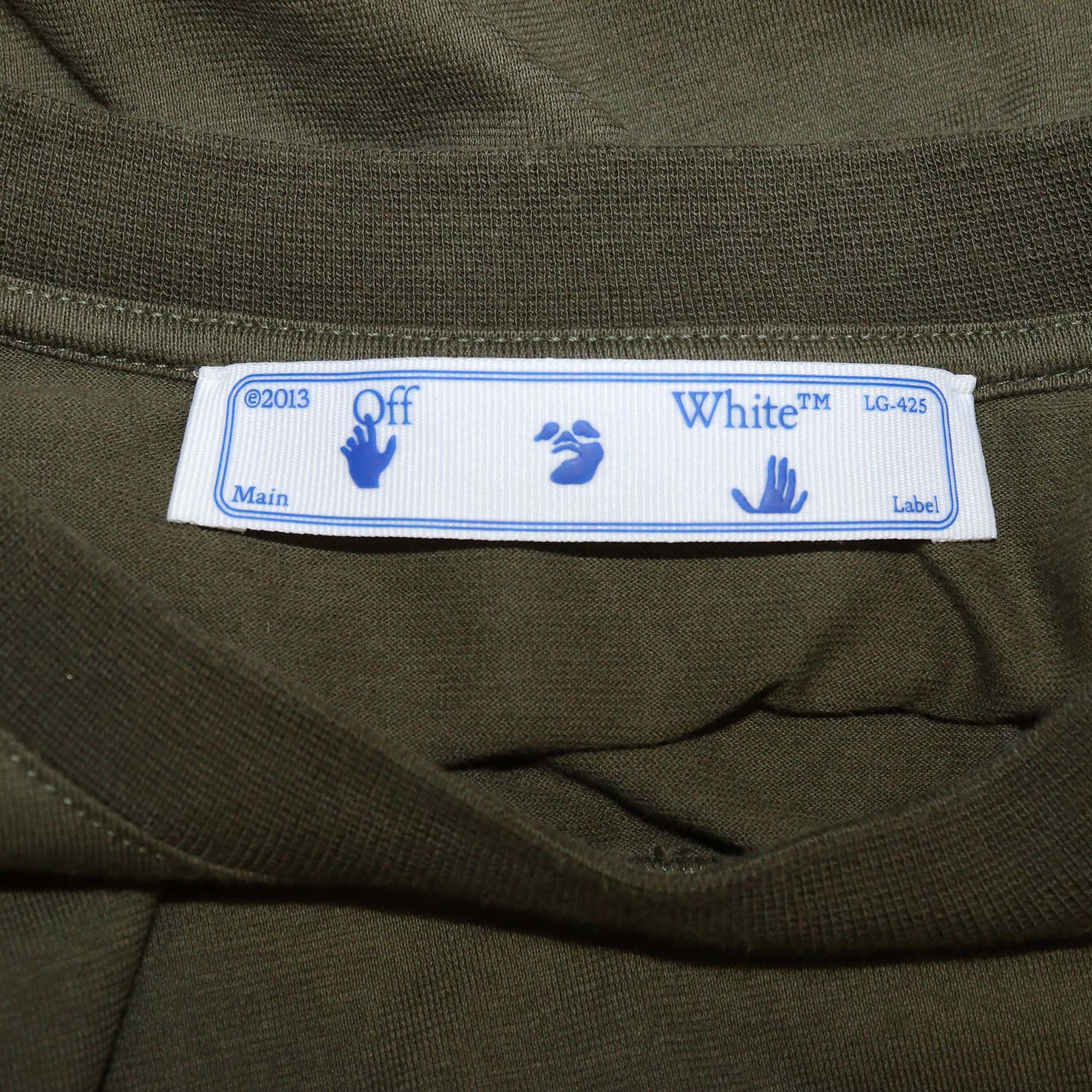 Off-White Khaki Green Floral Logo Print Cotton Crew Neck T-Shirt