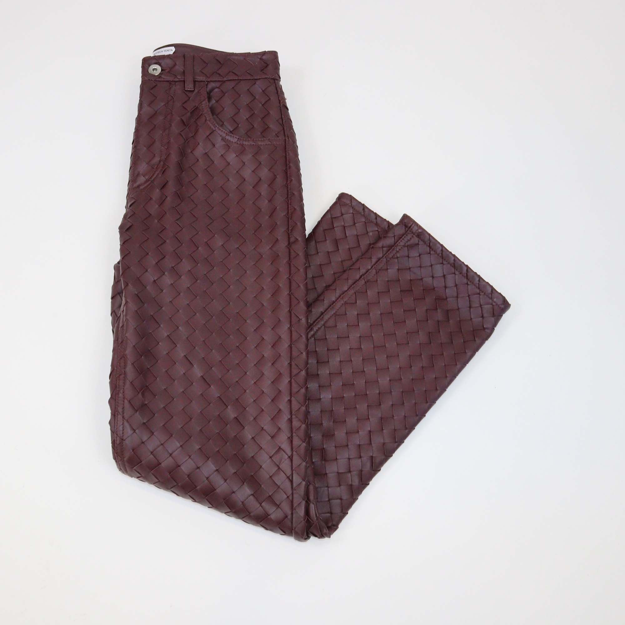 Bottega Veneta Burgundy Intrecciato Leather Straight-Leg Pants