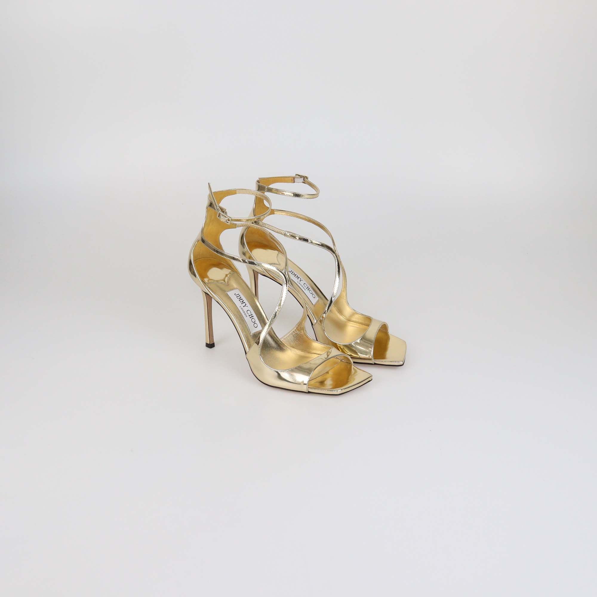 Jimmy Choo Gold Mirror Patent Leather Azia 95 Ankle Strap Sandals