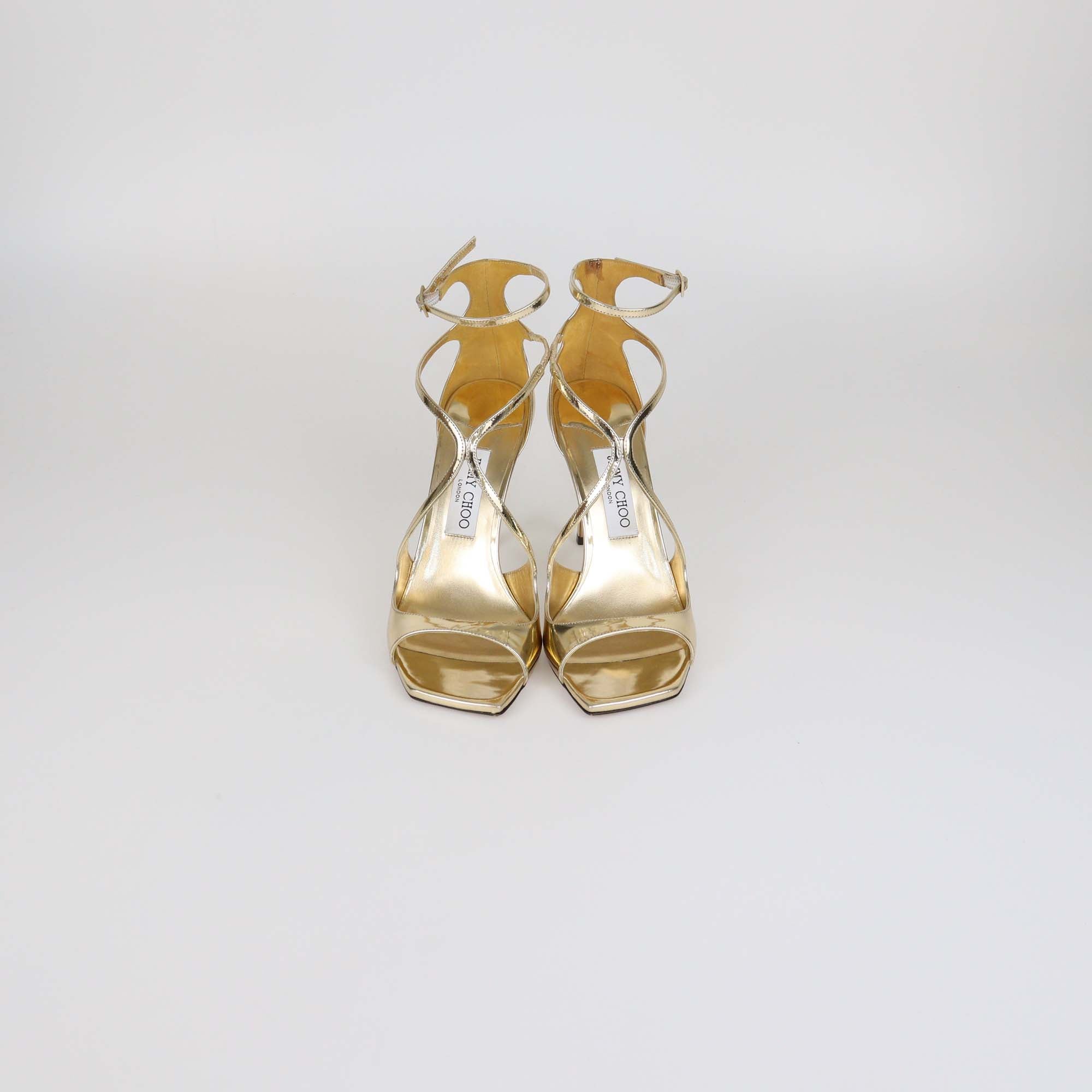 Jimmy Choo Gold Mirror Patent Leather Azia 95 Ankle Strap Sandals
