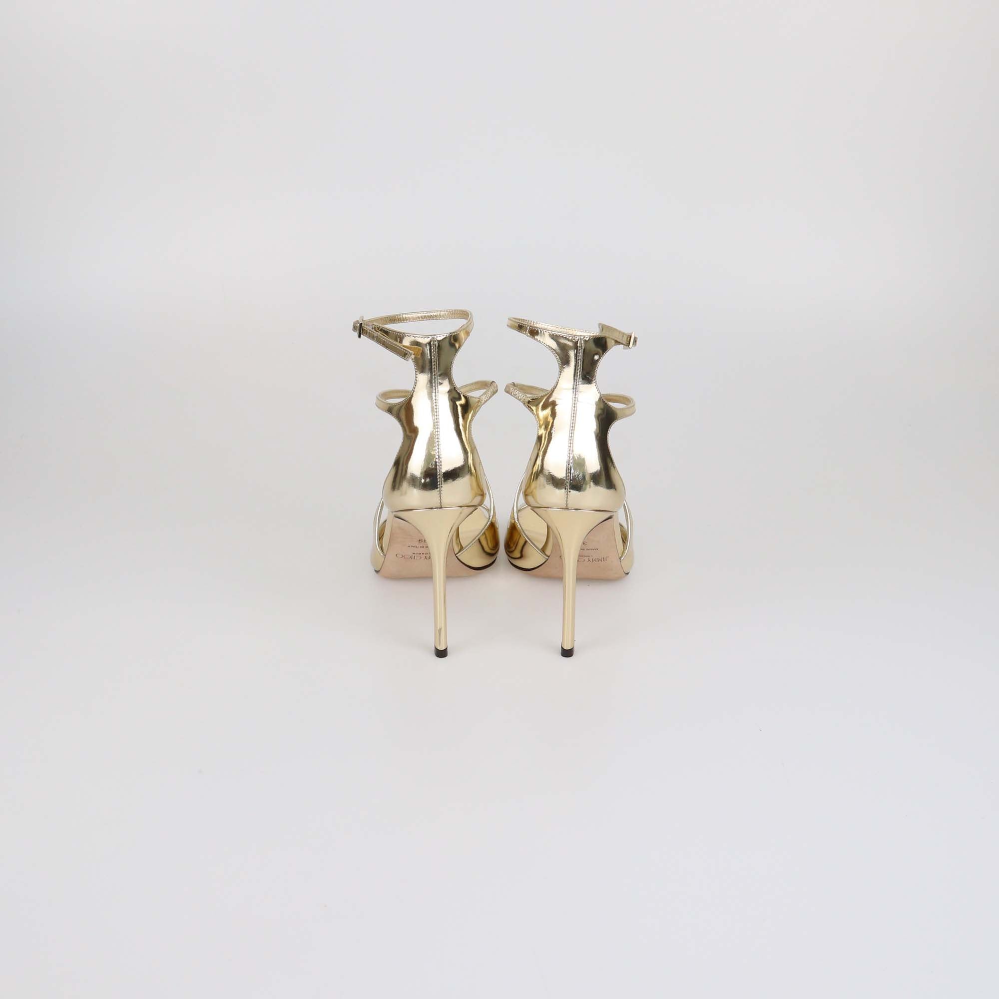 Jimmy Choo Gold Mirror Patent Leather Azia 95 Ankle Strap Sandals