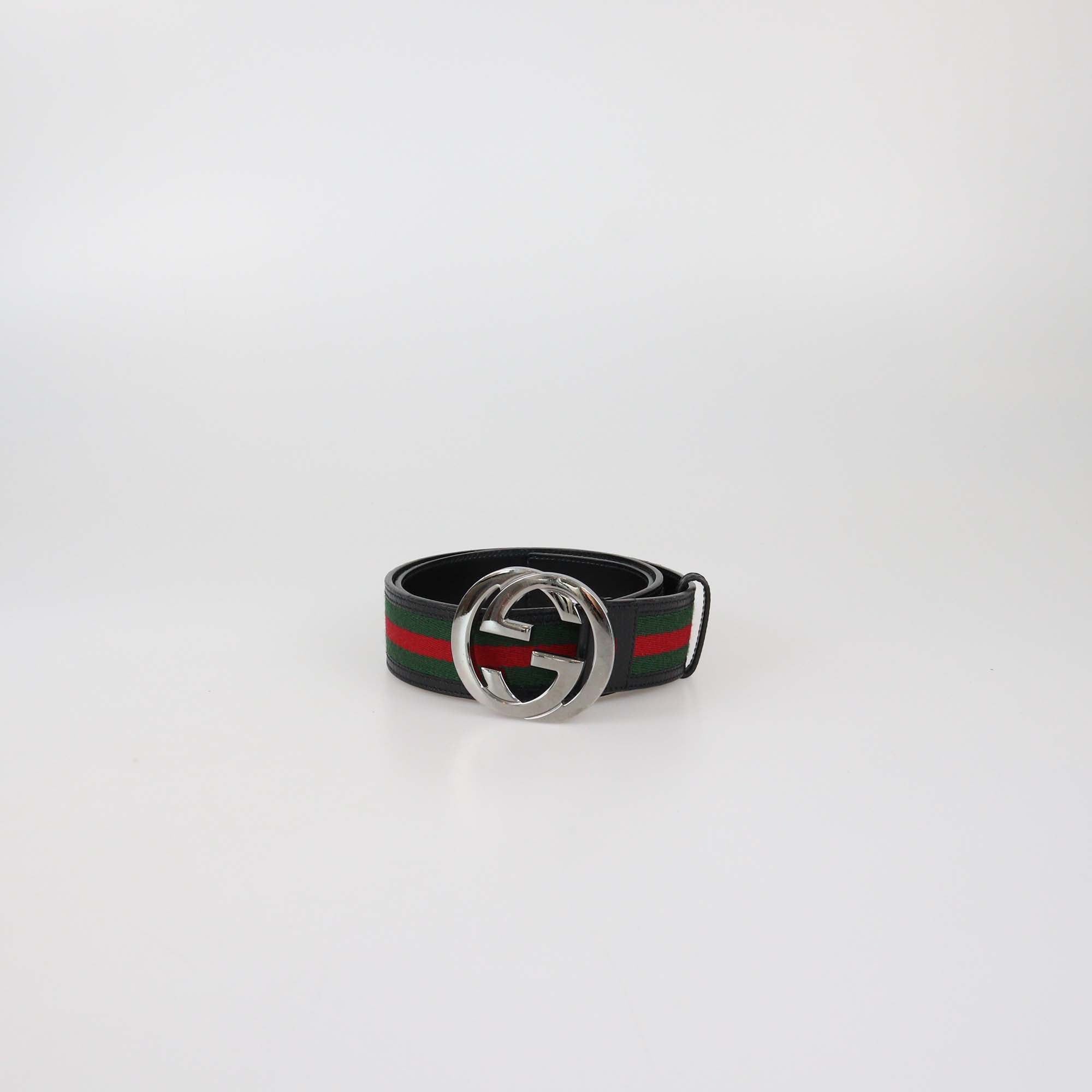 Gucci Black Leather and Fabric Web Interlocking G Buckle Belt