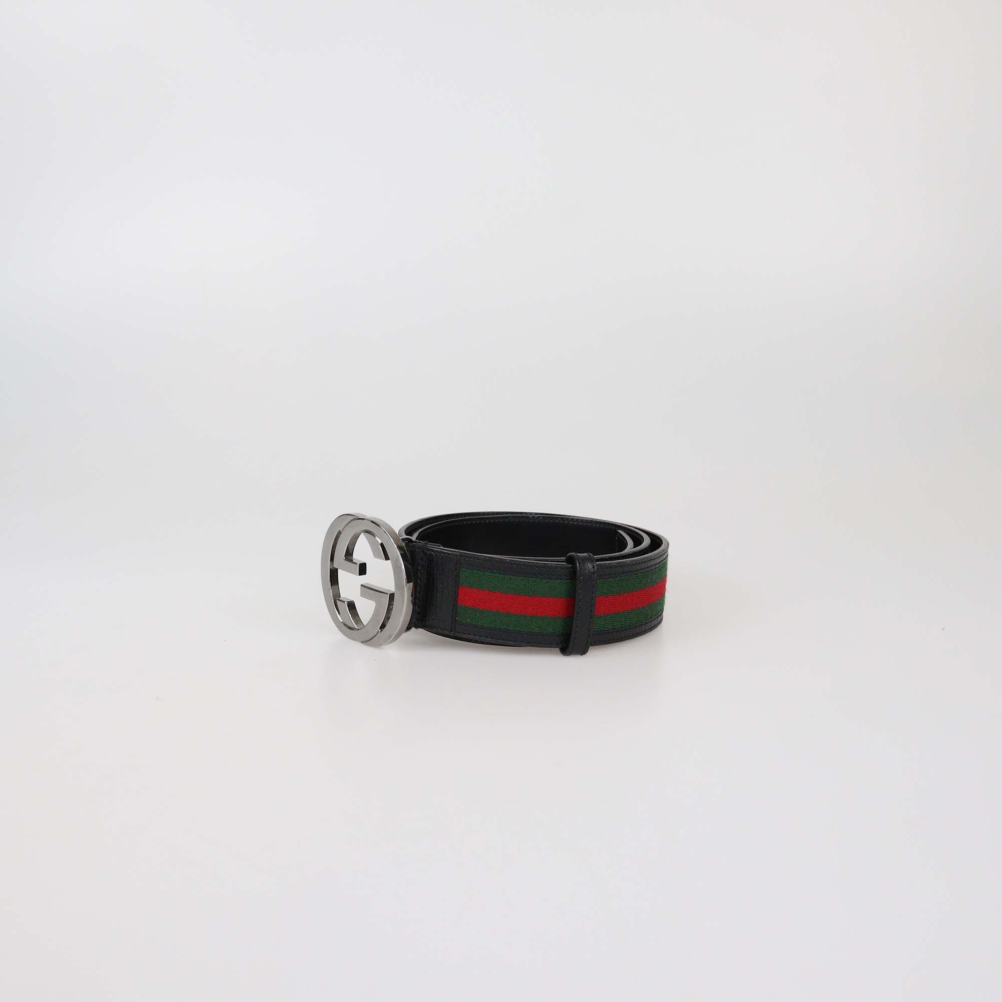 Gucci Black Leather and Fabric Web Interlocking G Buckle Belt