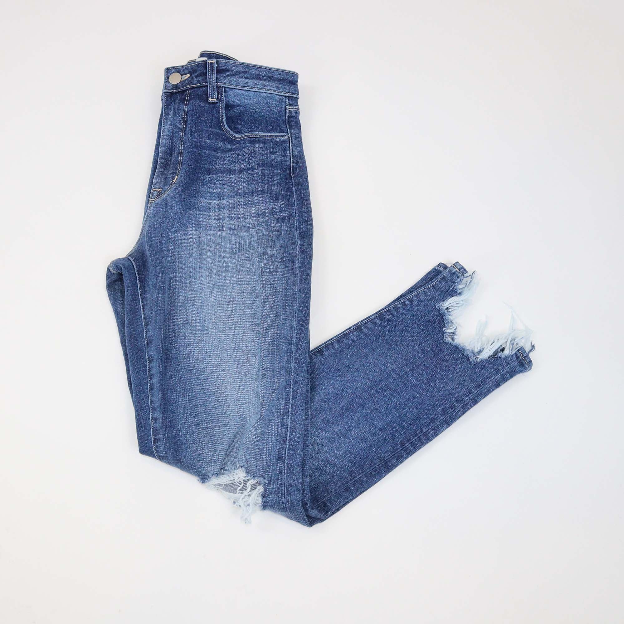 L'AGENCE Blue Denim High Line Distressed Skinny Jeans