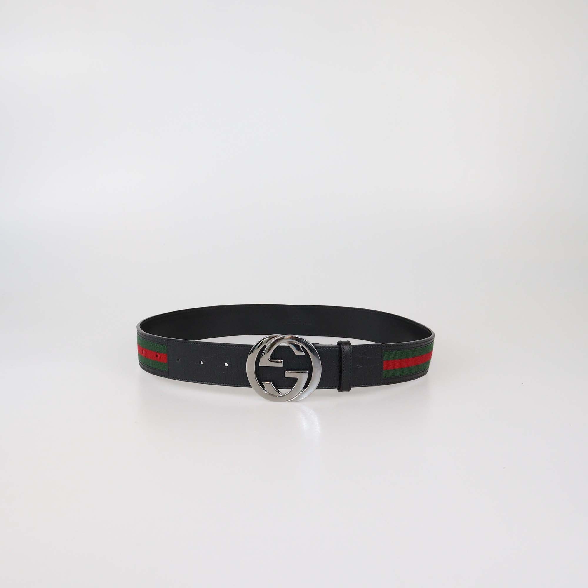 Gucci Black Leather and Fabric Web Interlocking G Buckle Belt