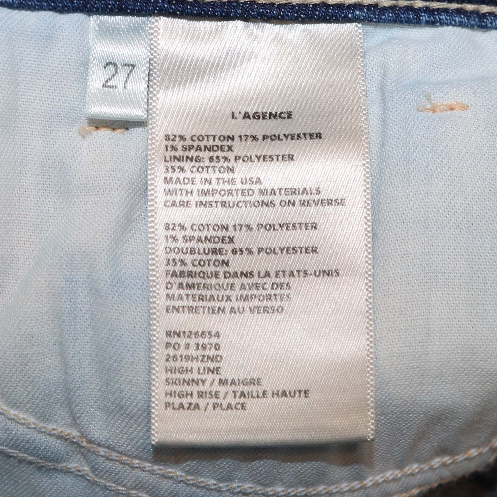 L'AGENCE Blue Denim High Line Distressed Skinny Jeans