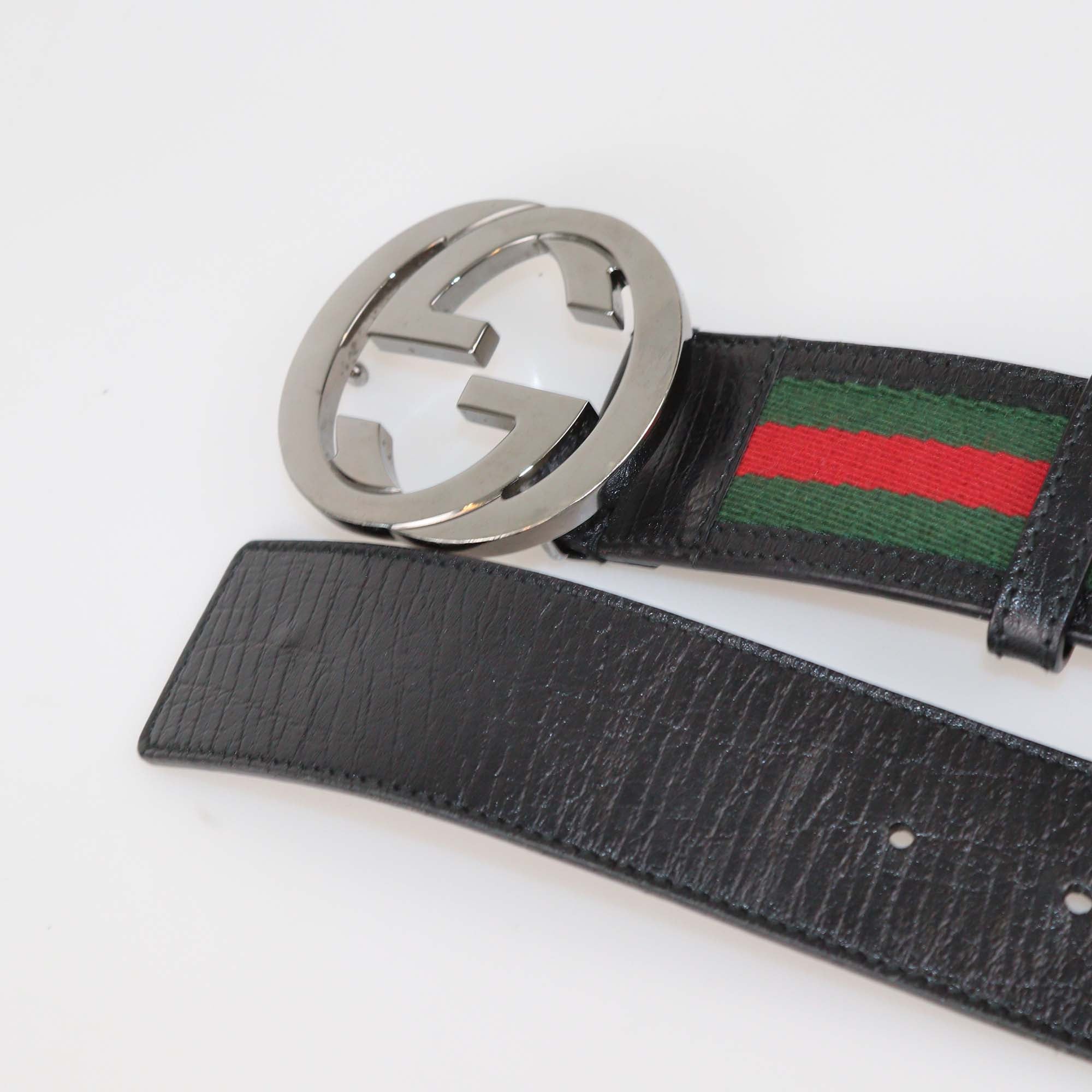 Gucci Black Leather and Fabric Web Interlocking G Buckle Belt