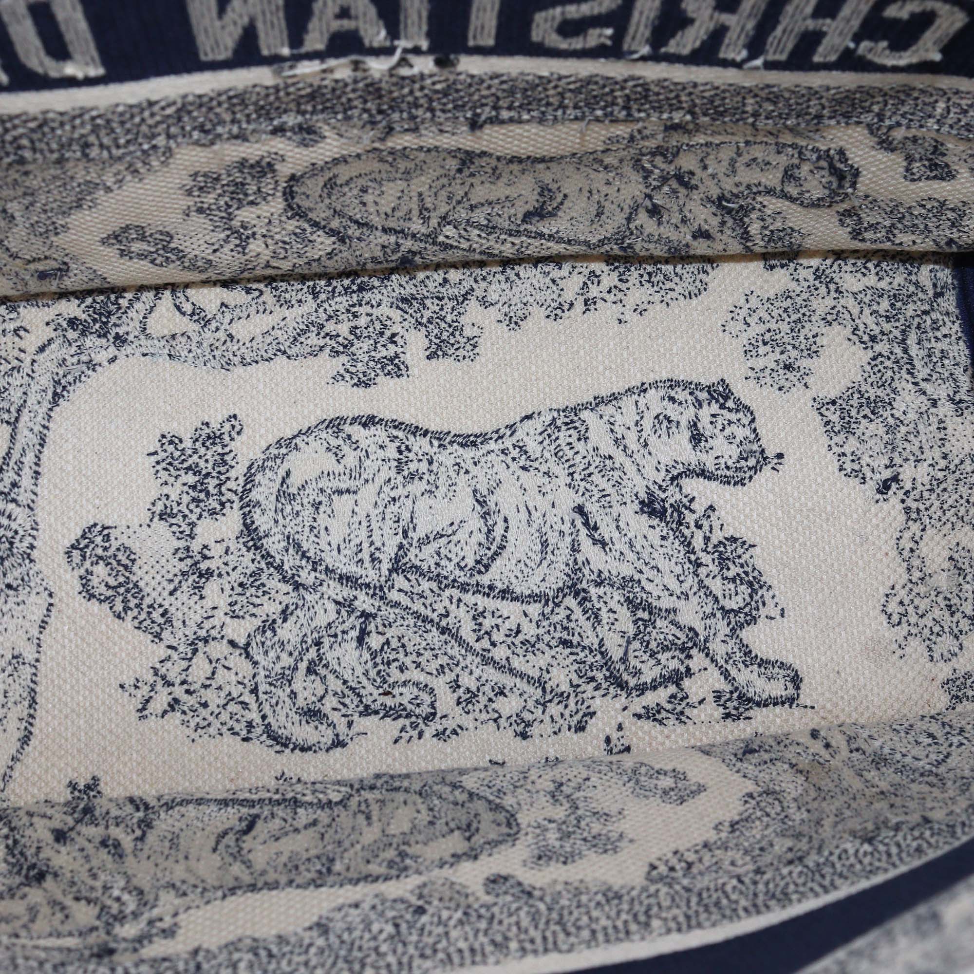 Christian Dior Navy Blue Toile De Jouy Embroidered Canvas Medium Book Tote