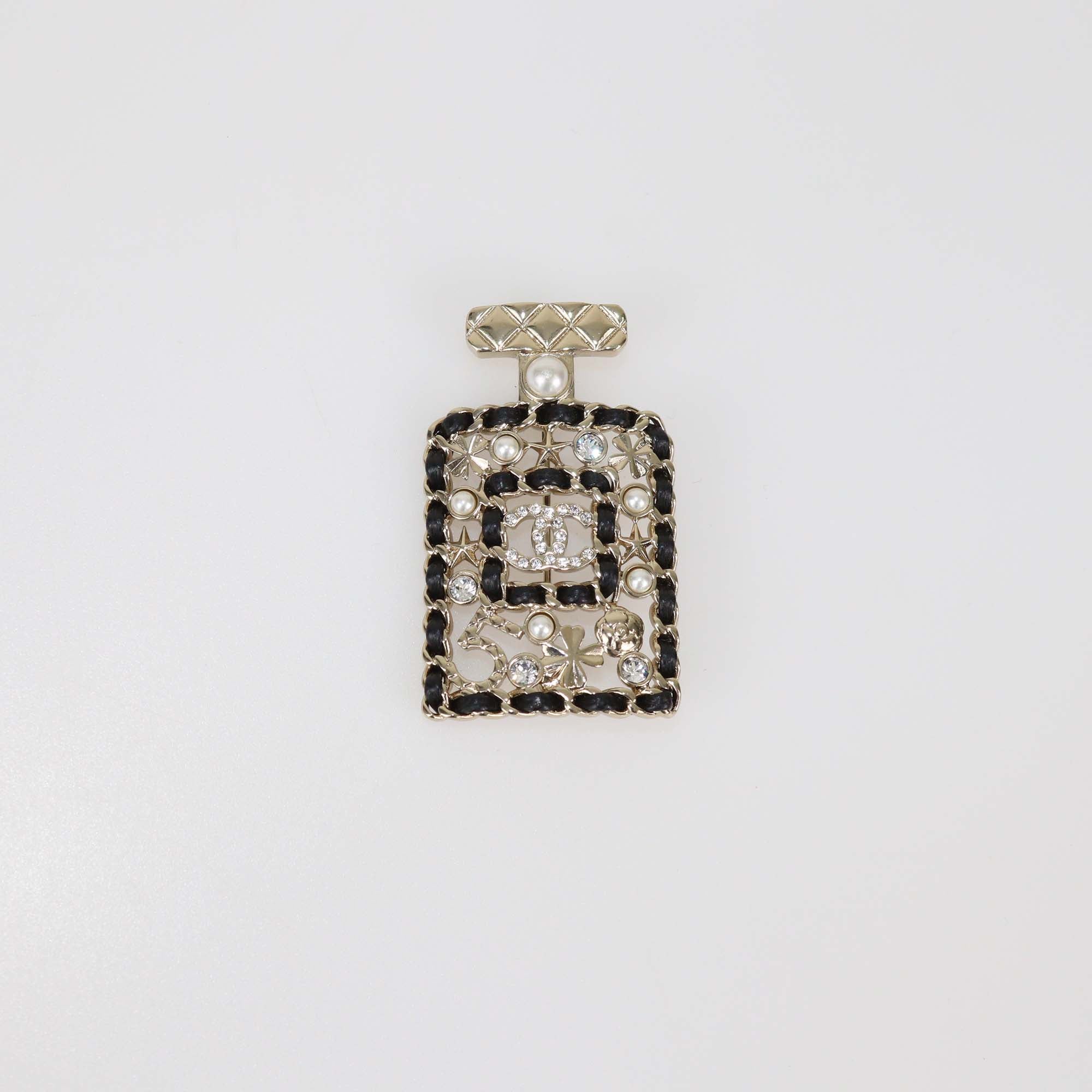 Chanel Gold Tone Metal Crystal & Faux Pearl No.5 Perfume Bottle CC Brooch