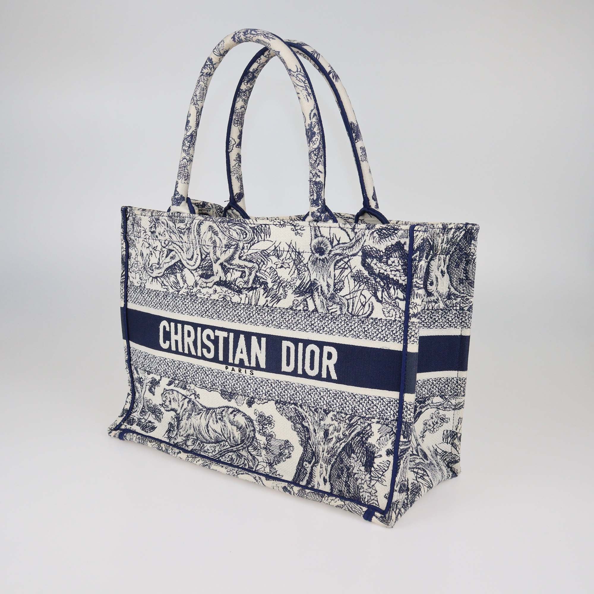 Christian Dior Navy Blue Toile De Jouy Embroidered Canvas Medium Book Tote