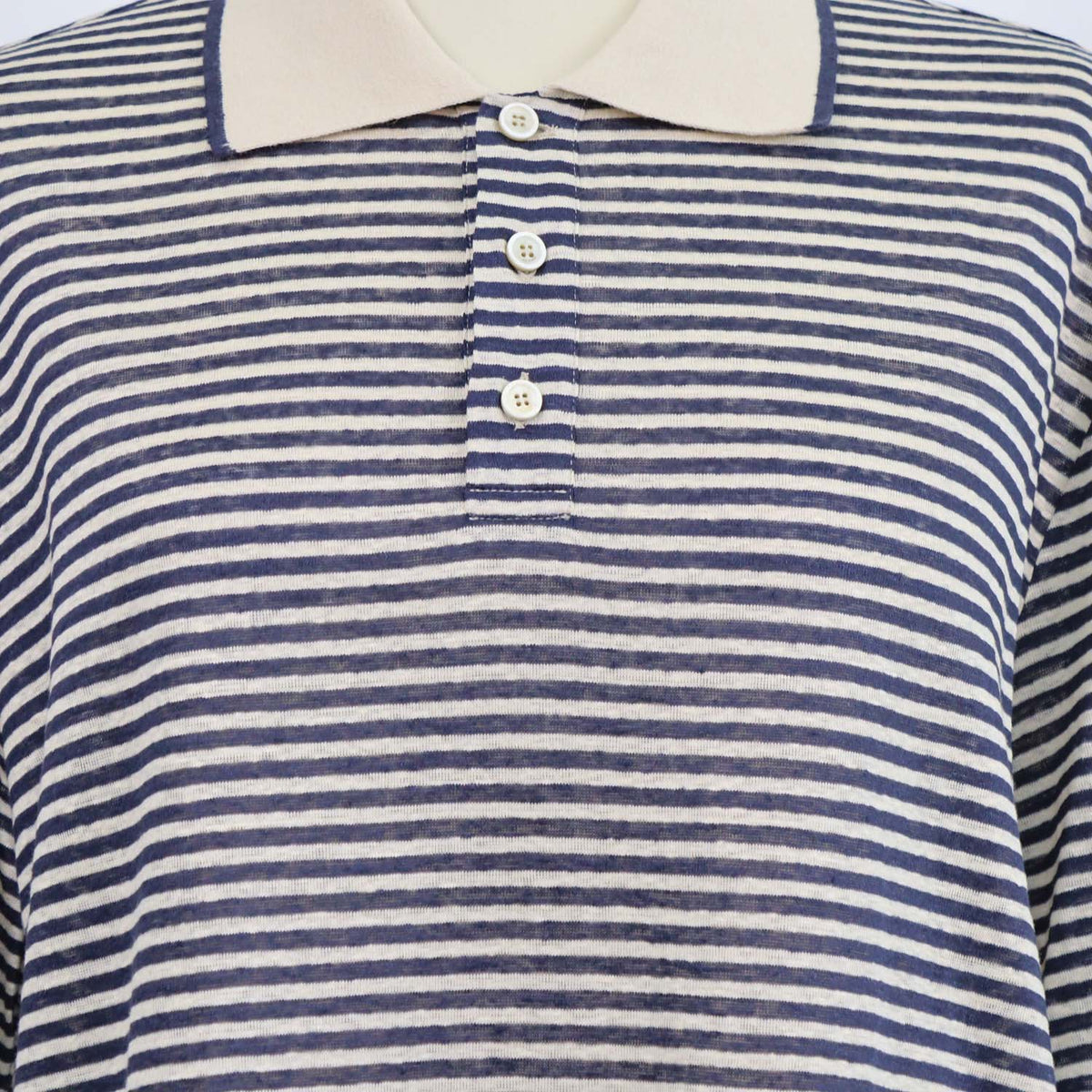 Loro Piana Navy Blue,Light Beige Linen Striped Polo Shirt