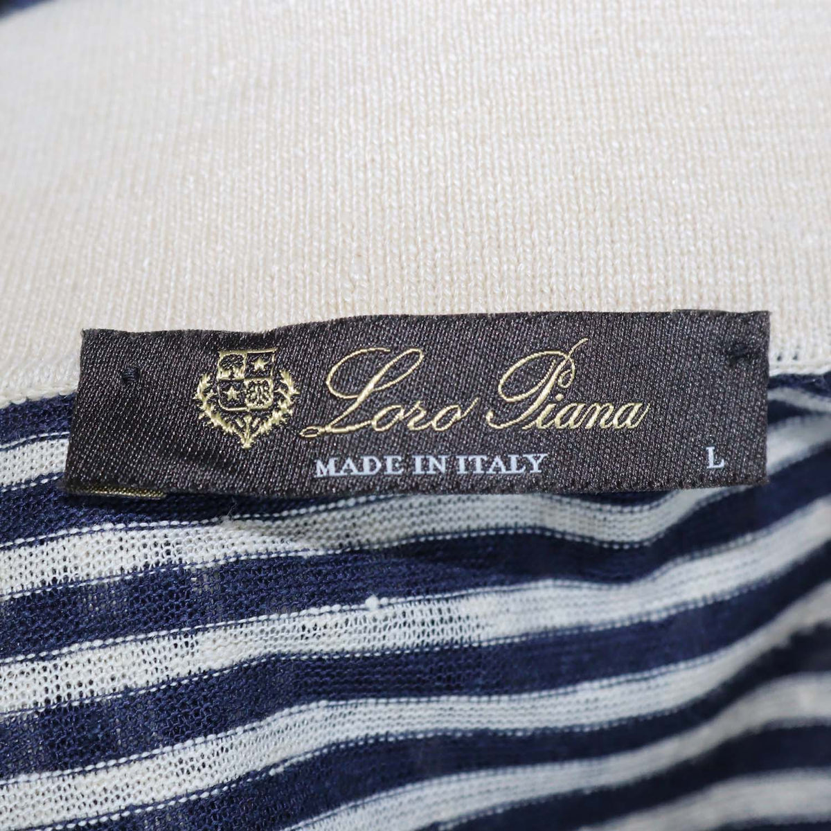 Loro Piana Navy Blue,Light Beige Linen Striped Polo Shirt