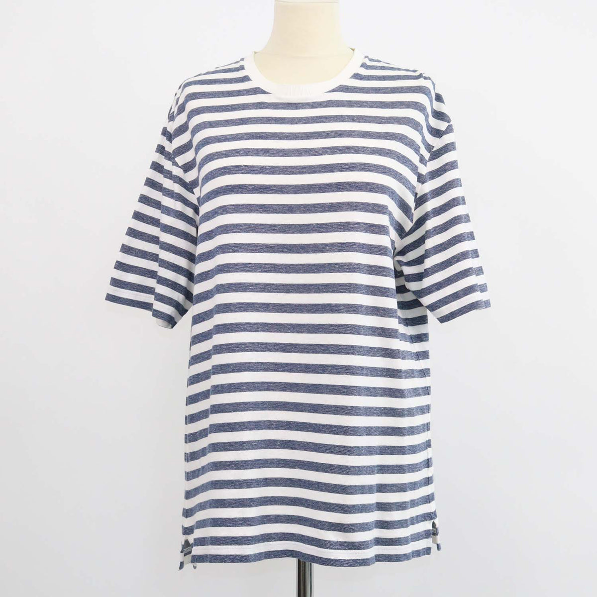 Loro Piana Blue,White Cotton Linen Striped Crew Neck T-Shirt