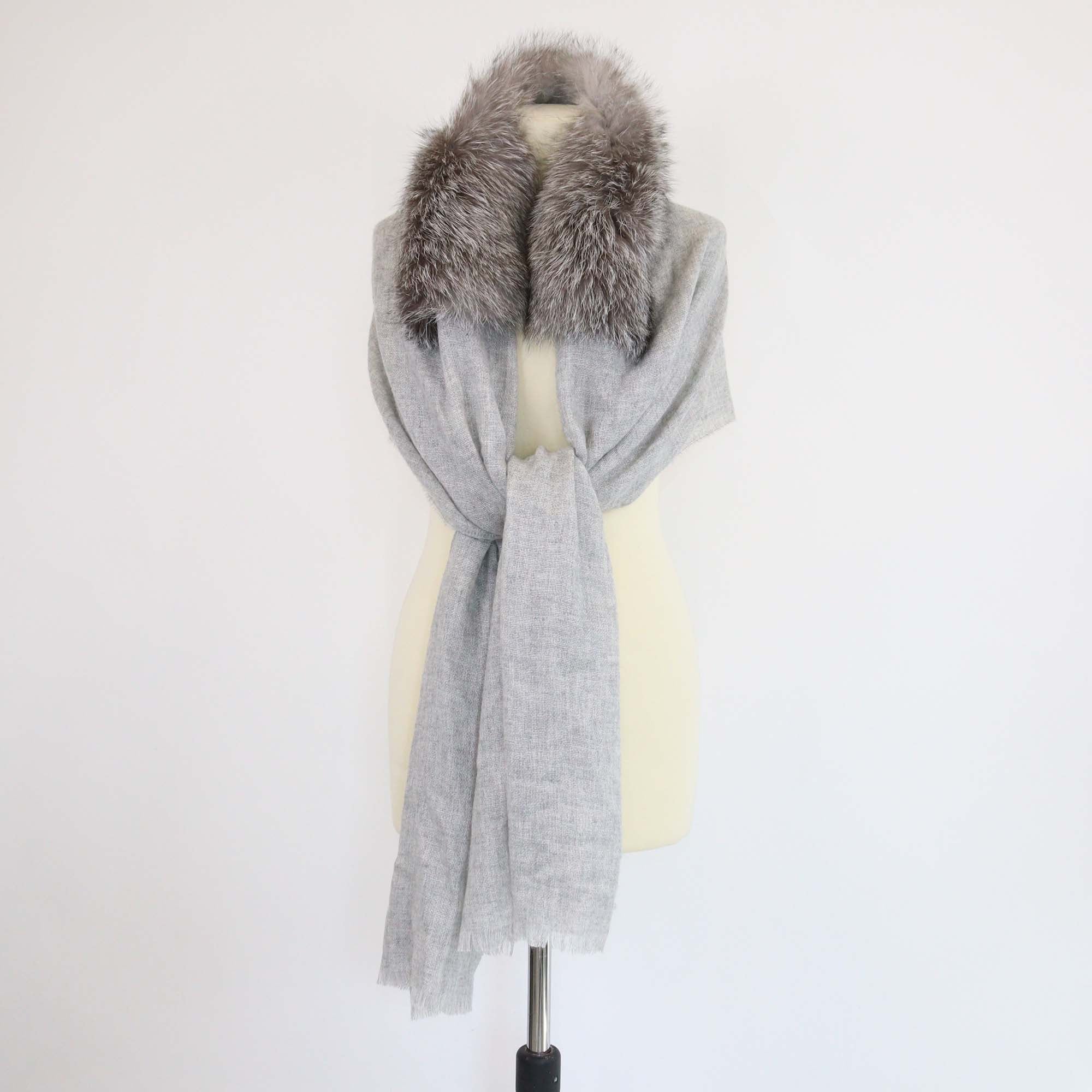 Brunello Cucinelli Grey Cashmere Fox Fur Shoulder Scarf