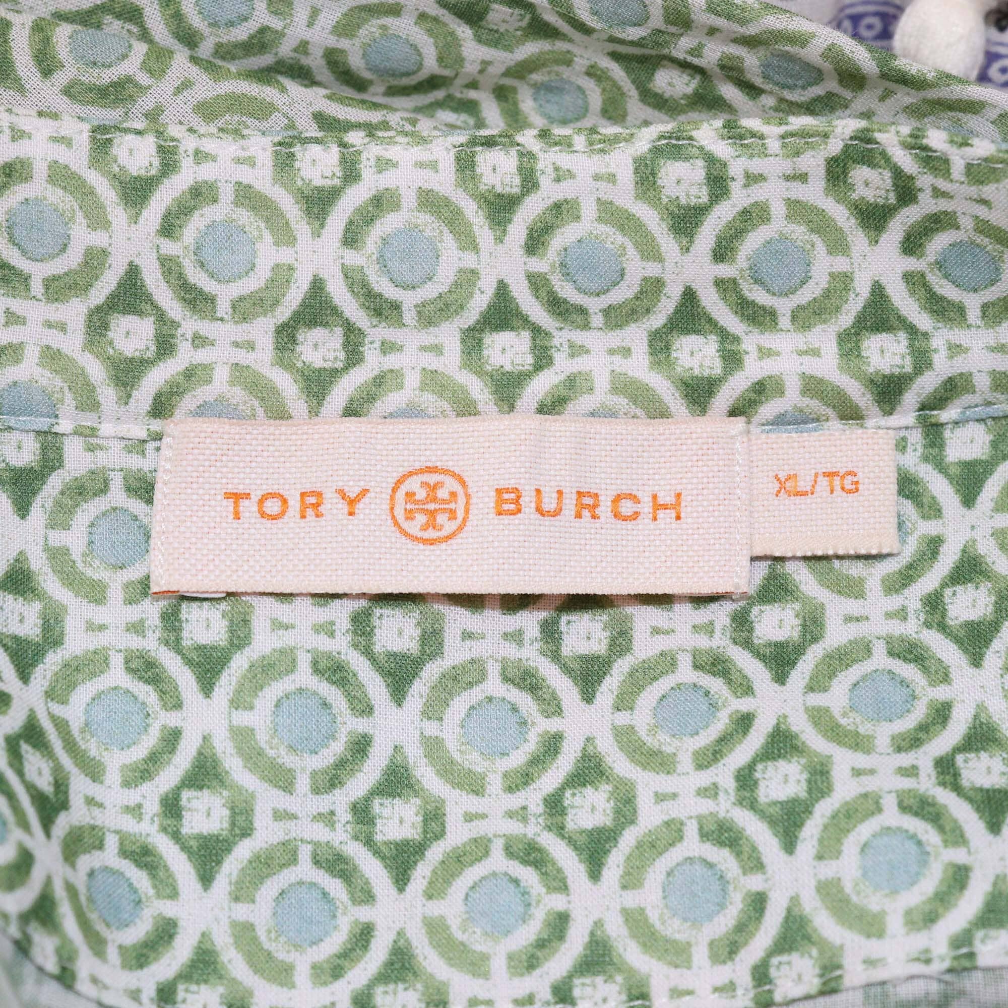 Tory Burch White/Green Printed Half Button Three Quarter Sleeve Maxi Dress Womens Tory Burch