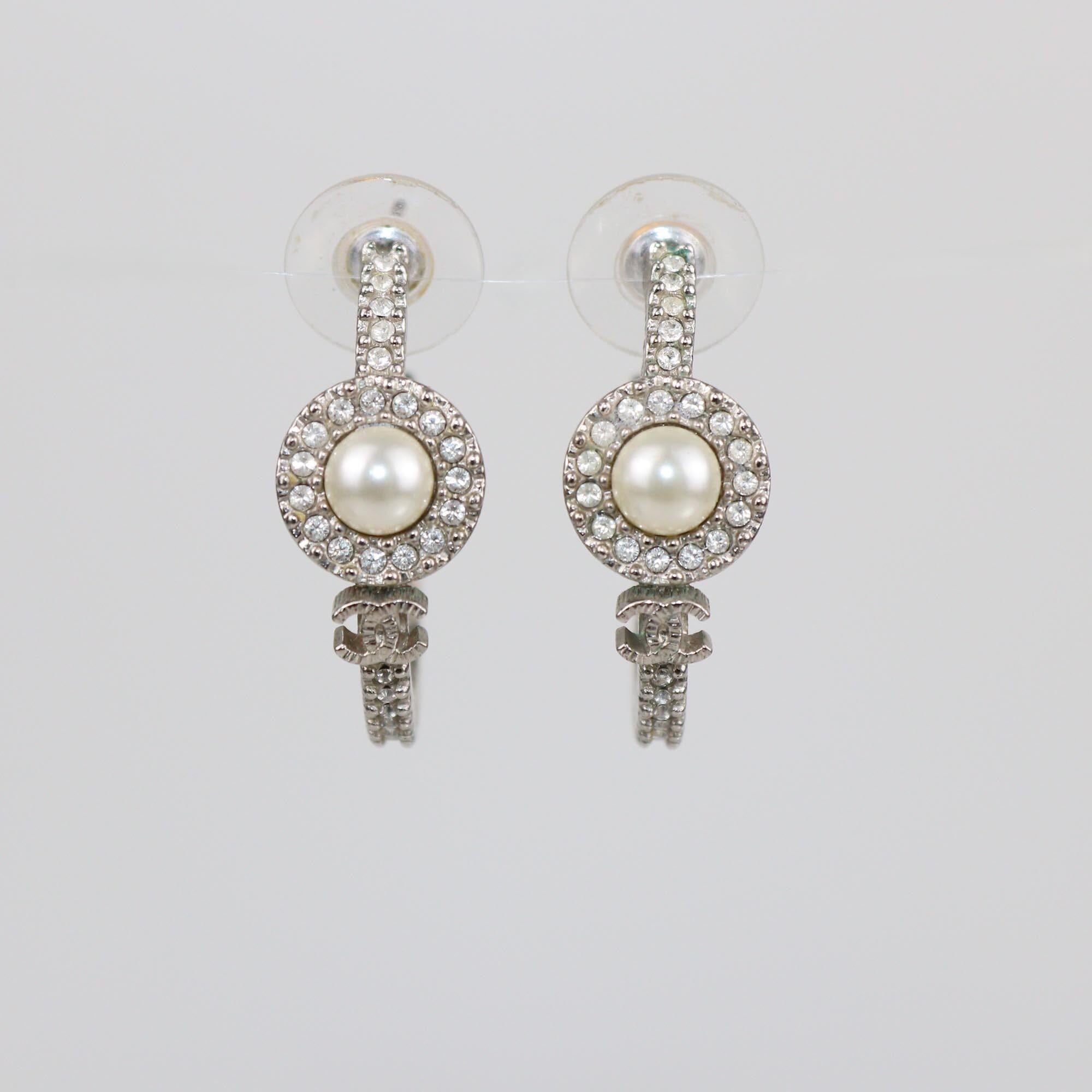 Chanel Silver Metal Tone Faux Pearl & Crystal CC Hoop Earrings Womens Chanel