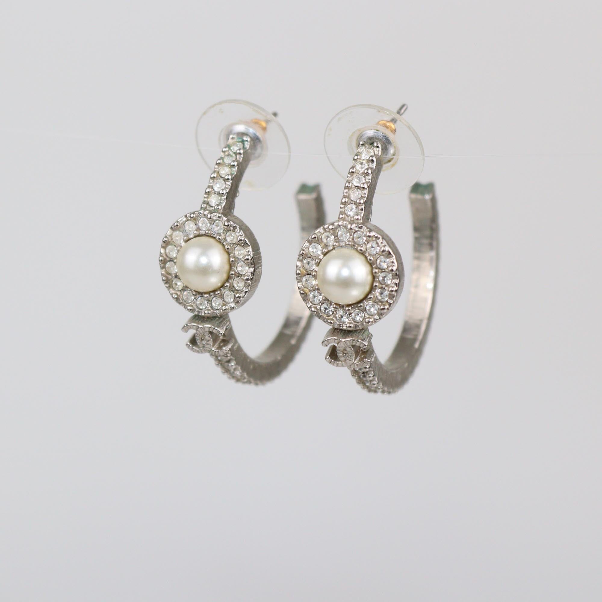 Chanel Silver Metal Tone Faux Pearl & Crystal CC Hoop Earrings Womens Chanel