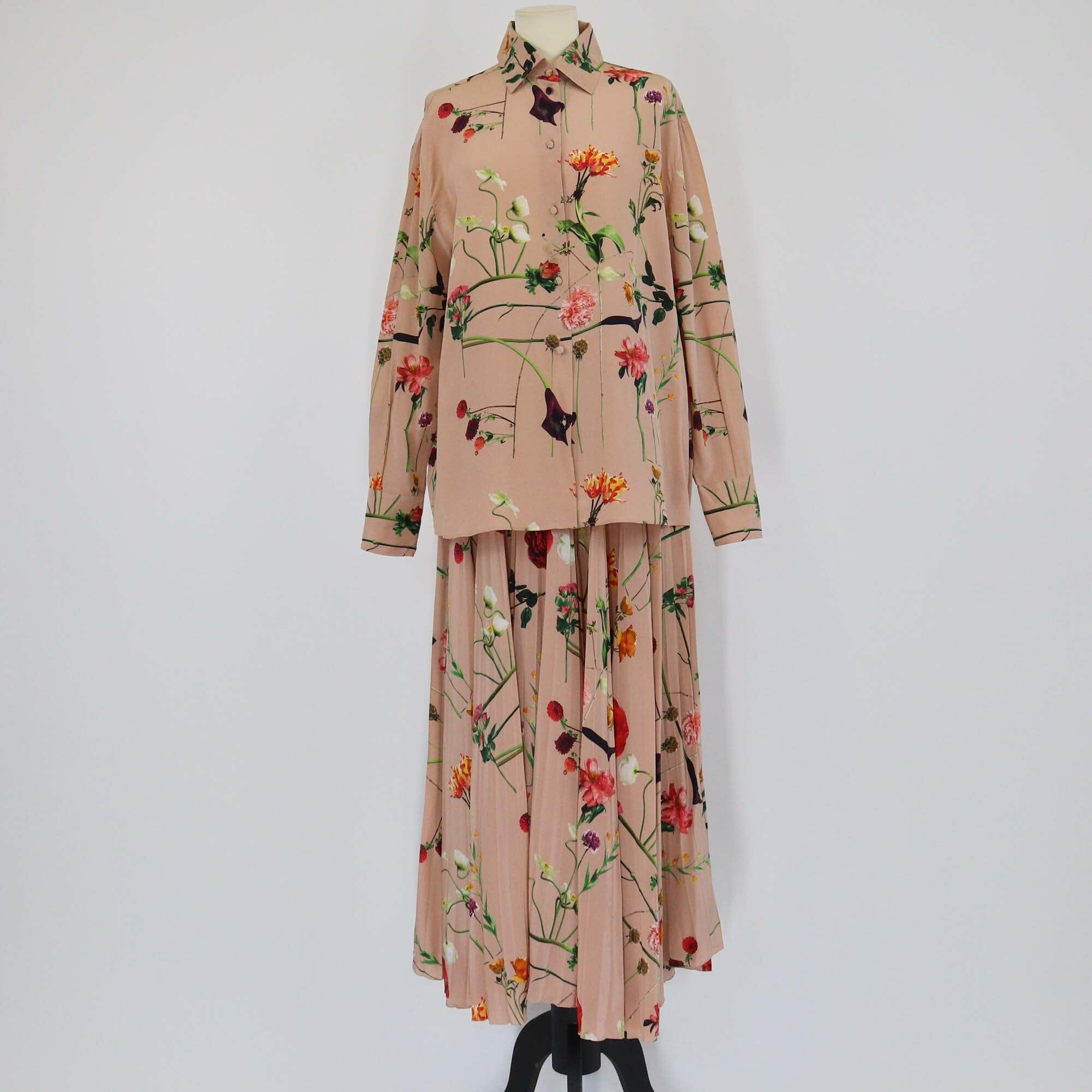 Valentino Nude Floral Print Long Sleeve Shirt & Pleated Midi Skirt Set Womens Valentino