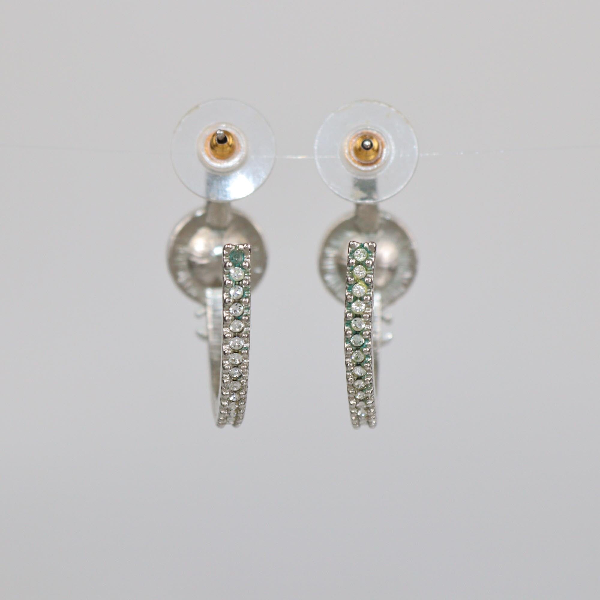 Chanel Silver Metal Tone Faux Pearl & Crystal CC Hoop Earrings Womens Chanel