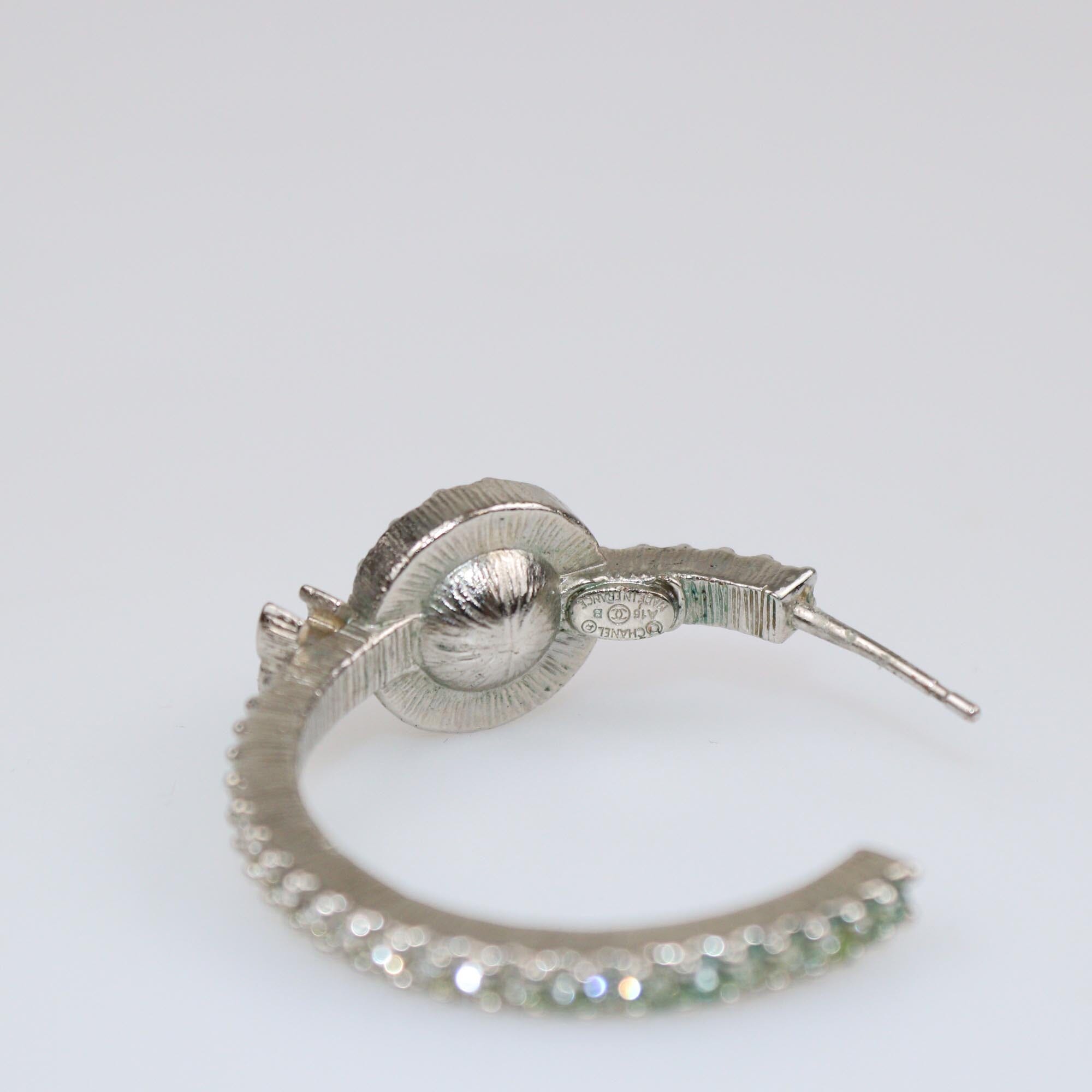 Chanel Silver Metal Tone Faux Pearl & Crystal CC Hoop Earrings Womens Chanel