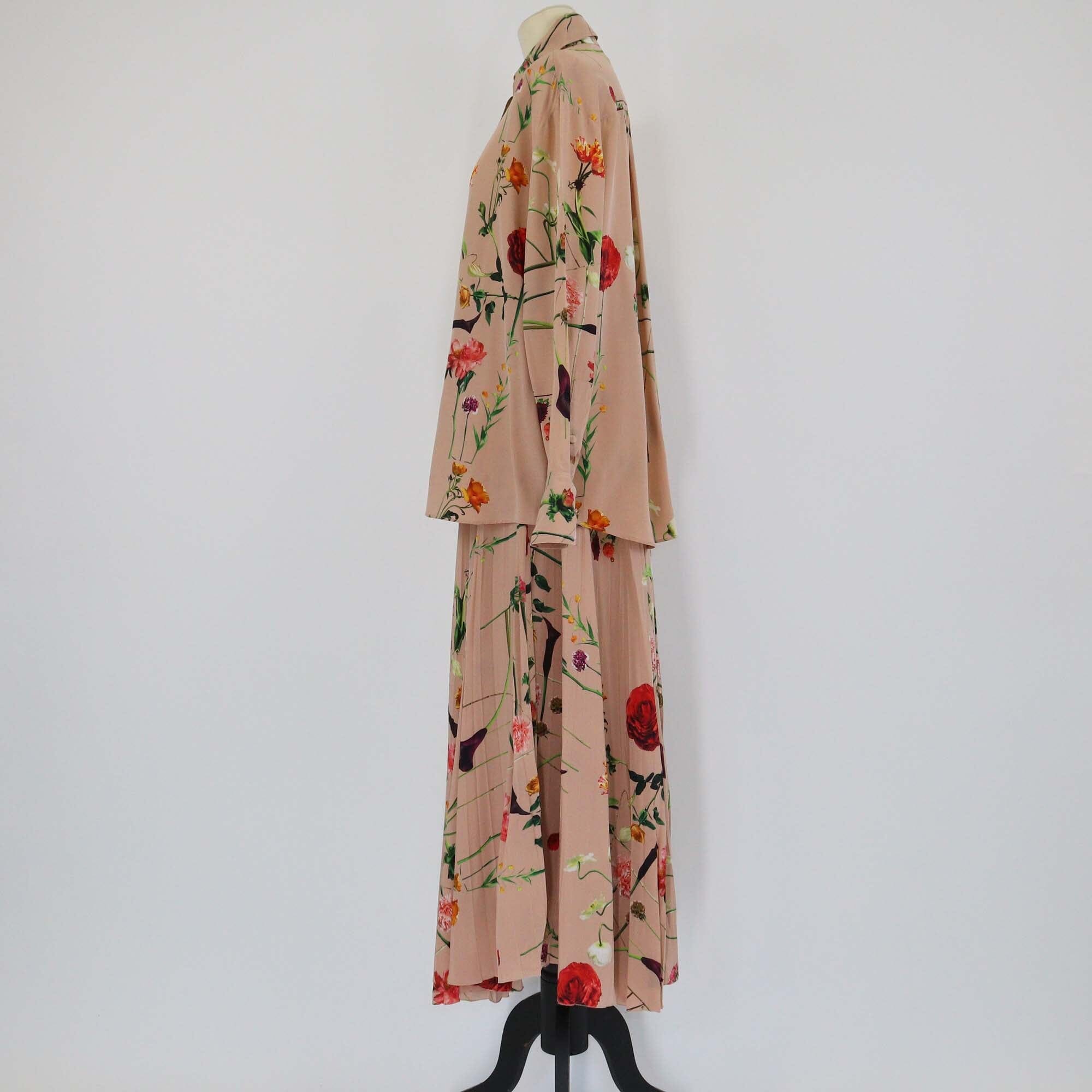 Valentino Nude Floral Print Long Sleeve Shirt & Pleated Midi Skirt Set Womens Valentino