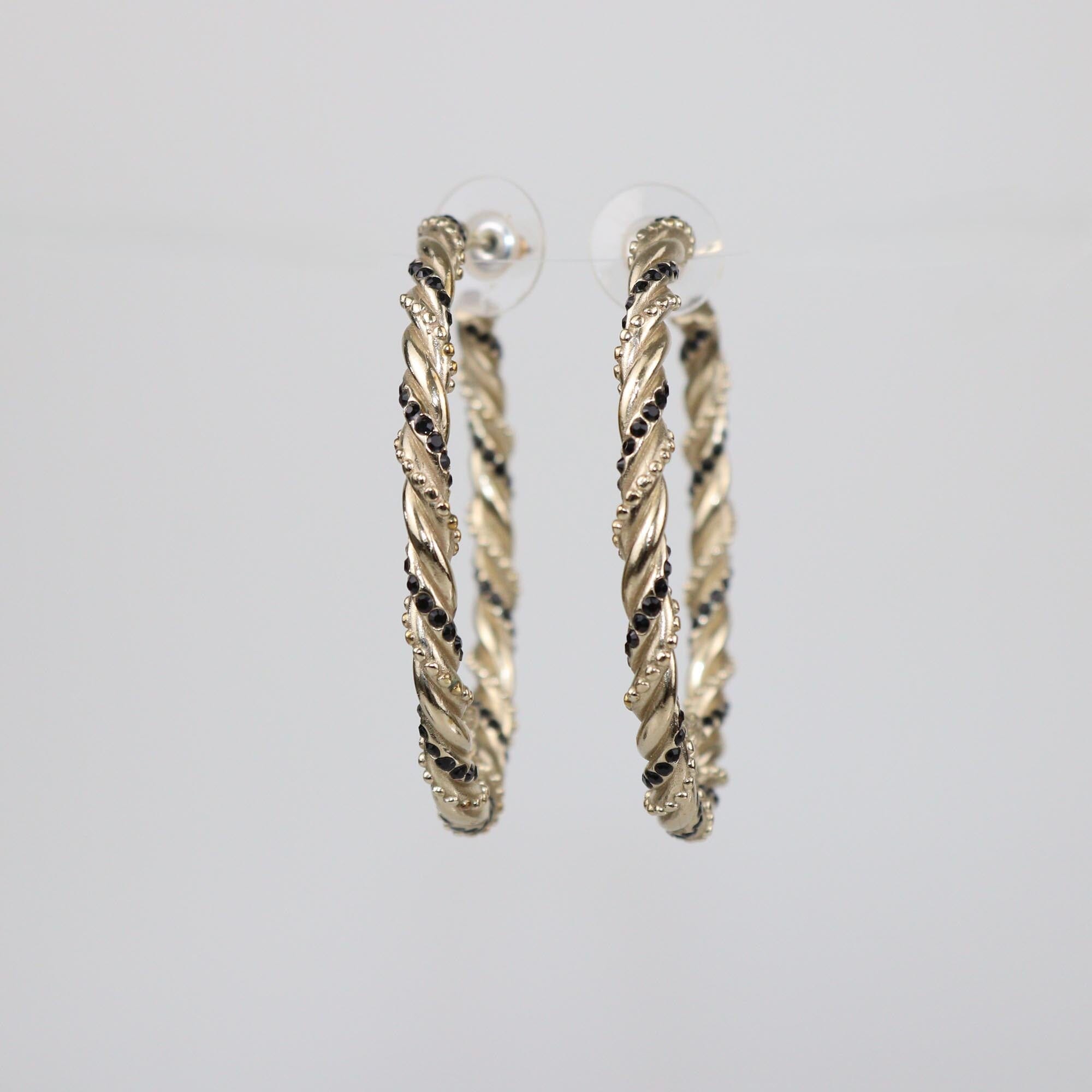 Chanel Gold Tone Metal Rhinestone CC Twisted Hoop Earrings Womens Chanel