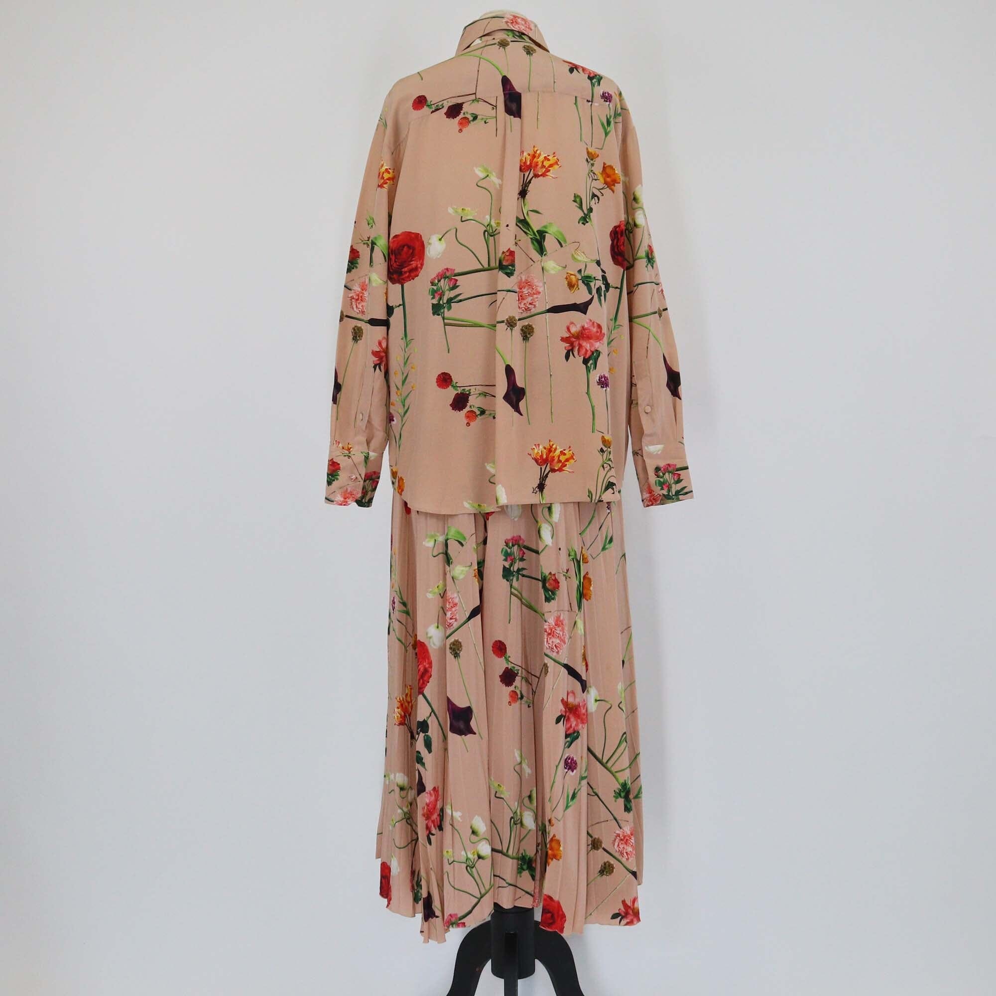 Valentino Nude Floral Print Long Sleeve Shirt & Pleated Midi Skirt Set Womens Valentino
