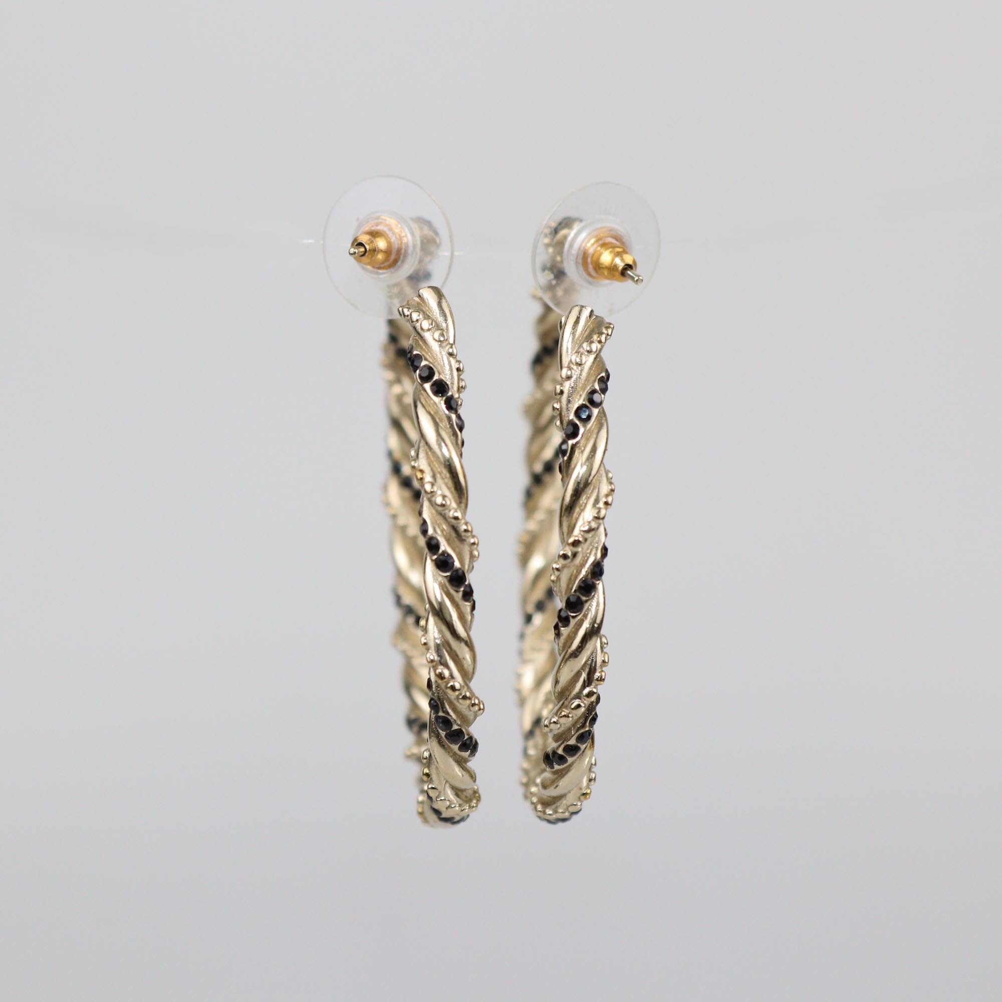 Chanel Gold Tone Metal Rhinestone CC Twisted Hoop Earrings Womens Chanel