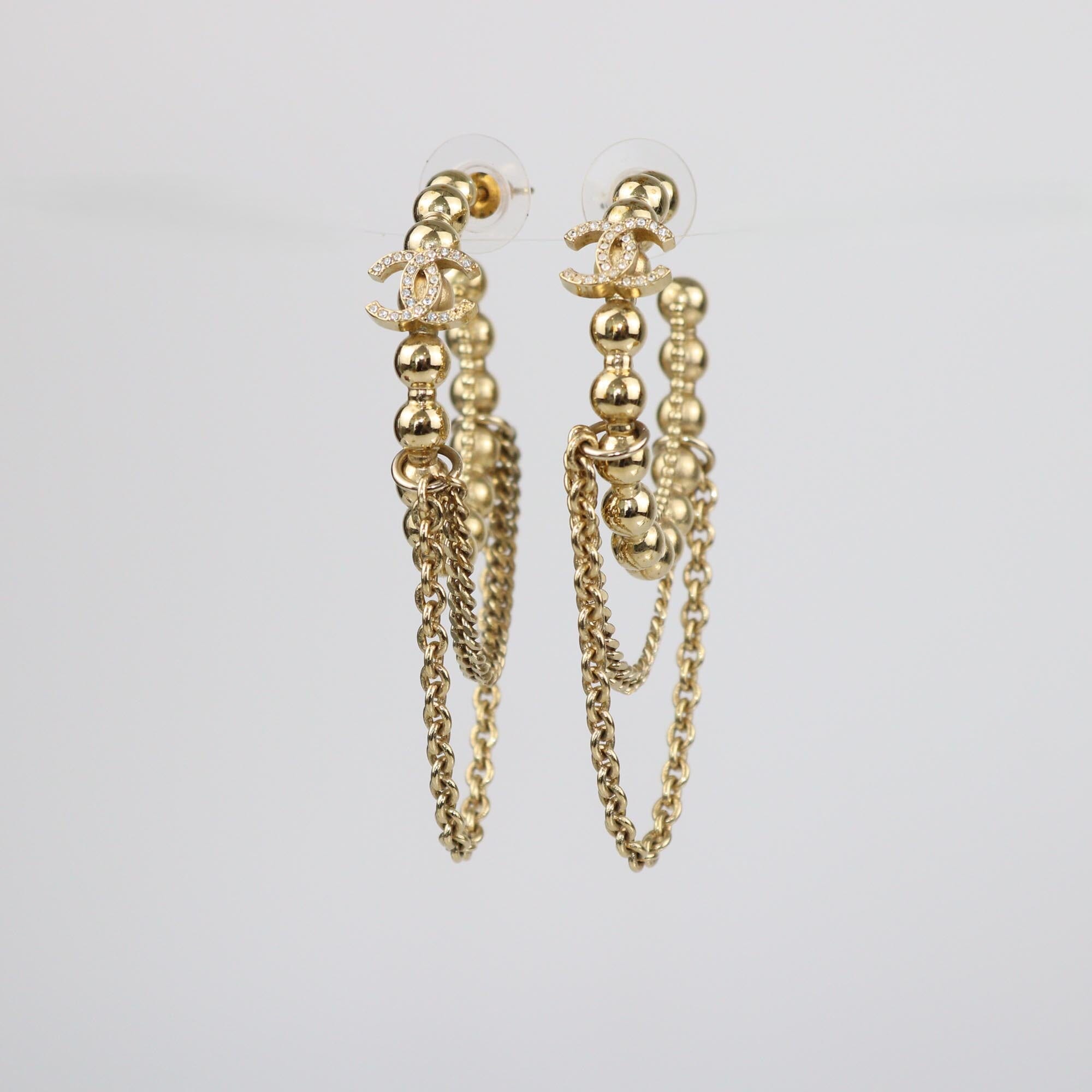 Chanel Gold Tone Metal Crystal CC Chain Hoop Earrings Womens Chanel