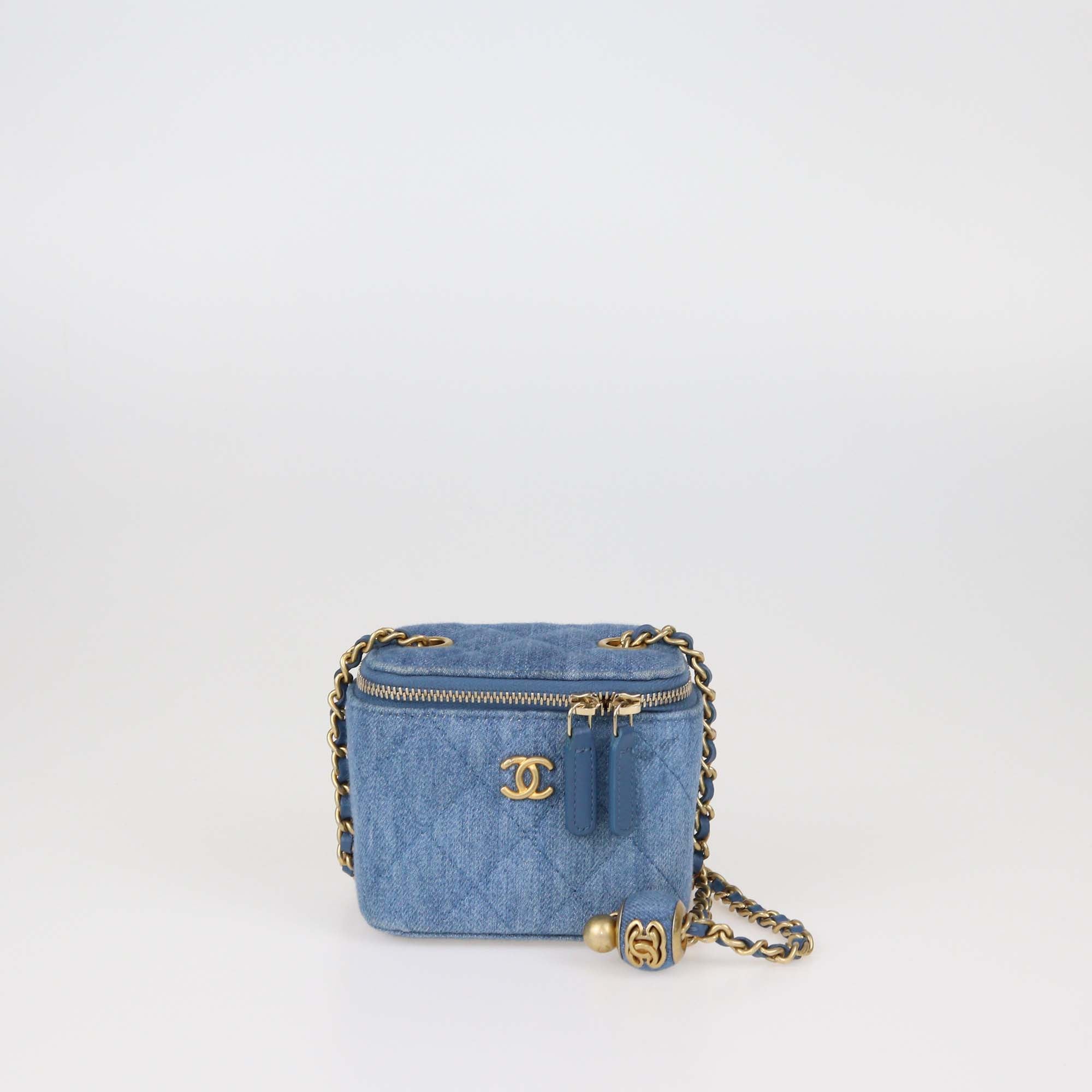 Chanel Blue Quilted Denim Small Pearl Crush Vanity Case With Chain