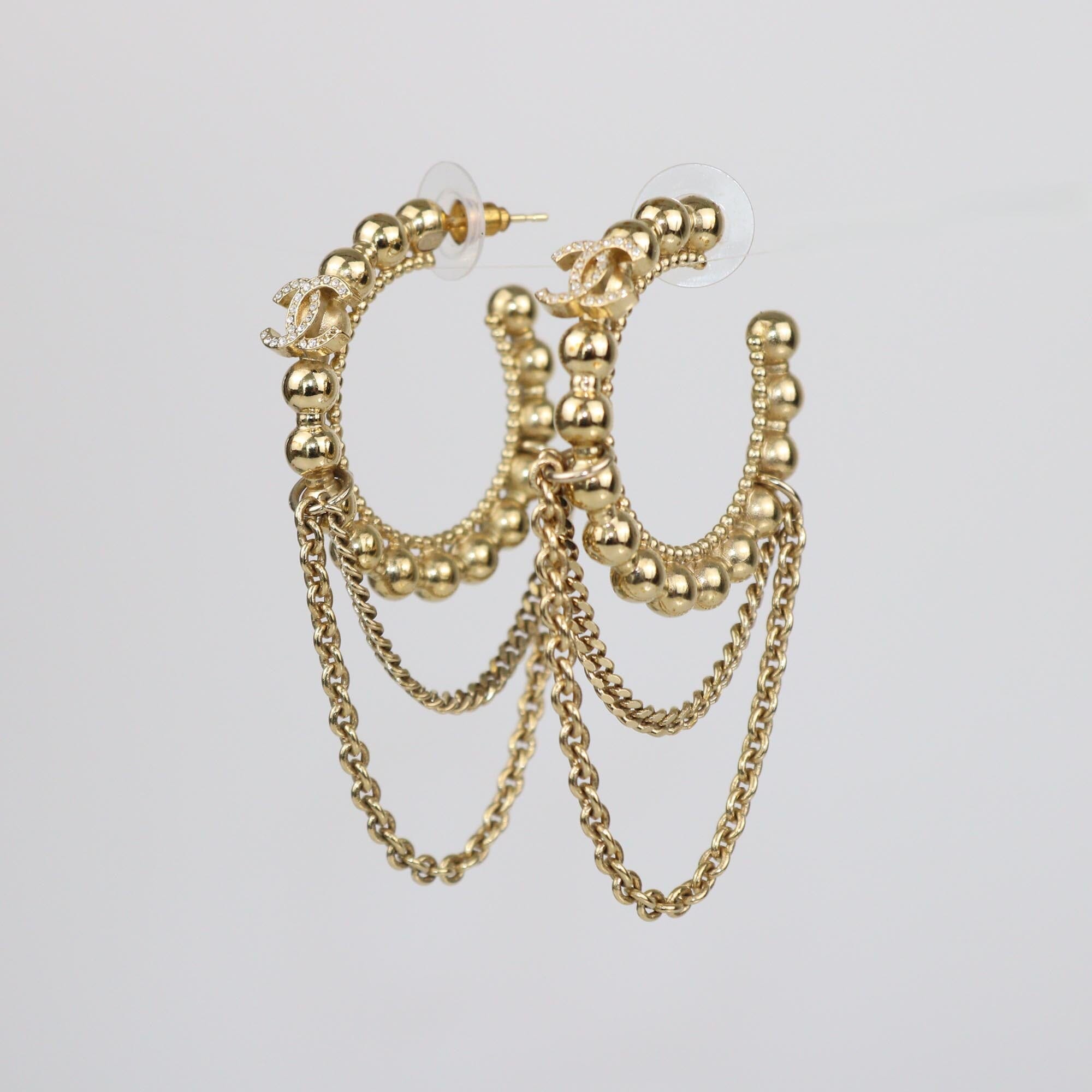 Chanel Gold Tone Metal Crystal CC Chain Hoop Earrings Womens Chanel