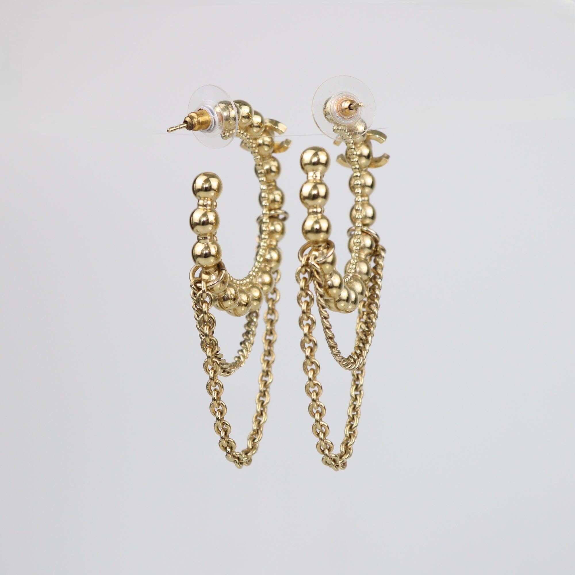 Chanel Gold Tone Metal Crystal CC Chain Hoop Earrings Womens Chanel