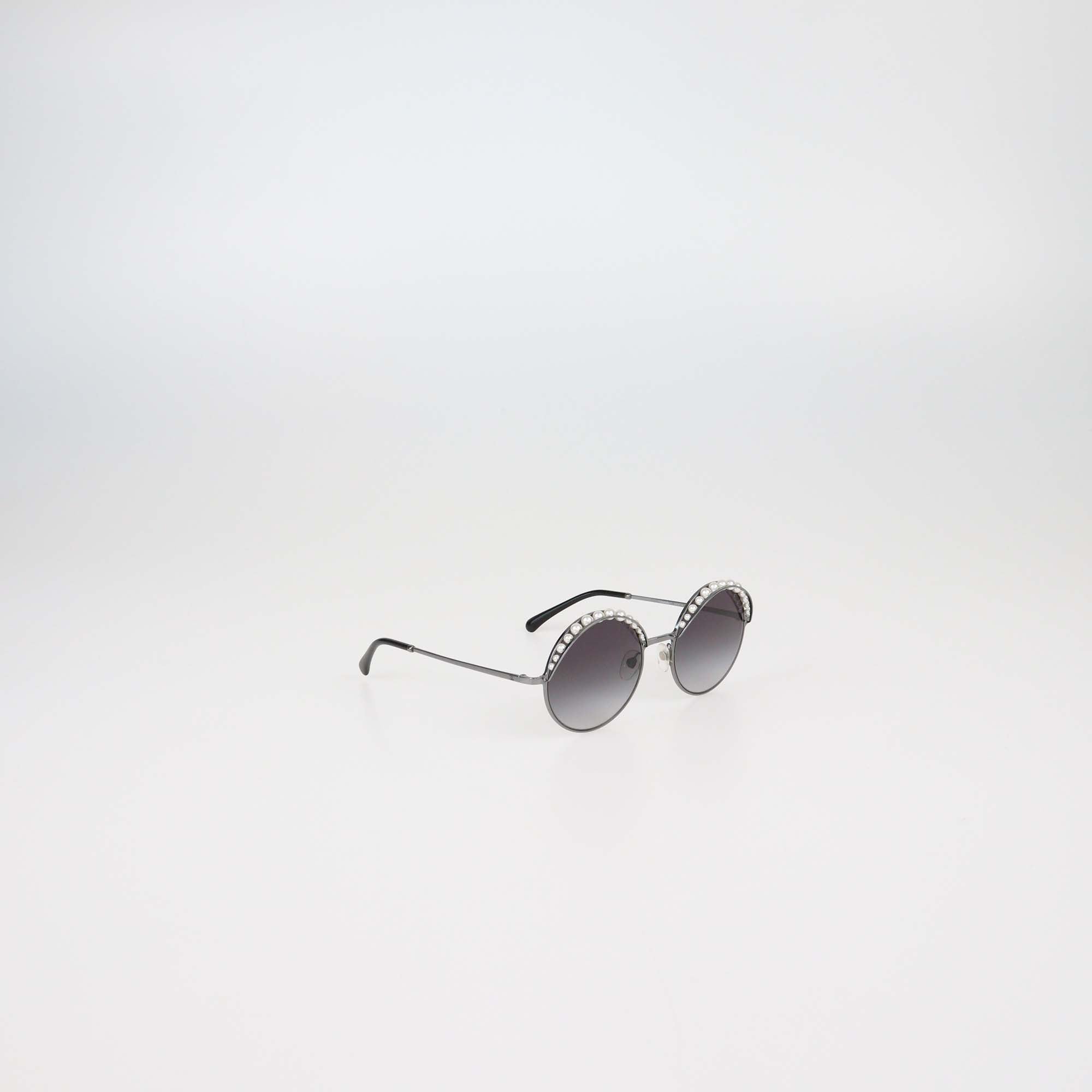 Chanel Black Gradient Pearl Embellished Round Sunglasses