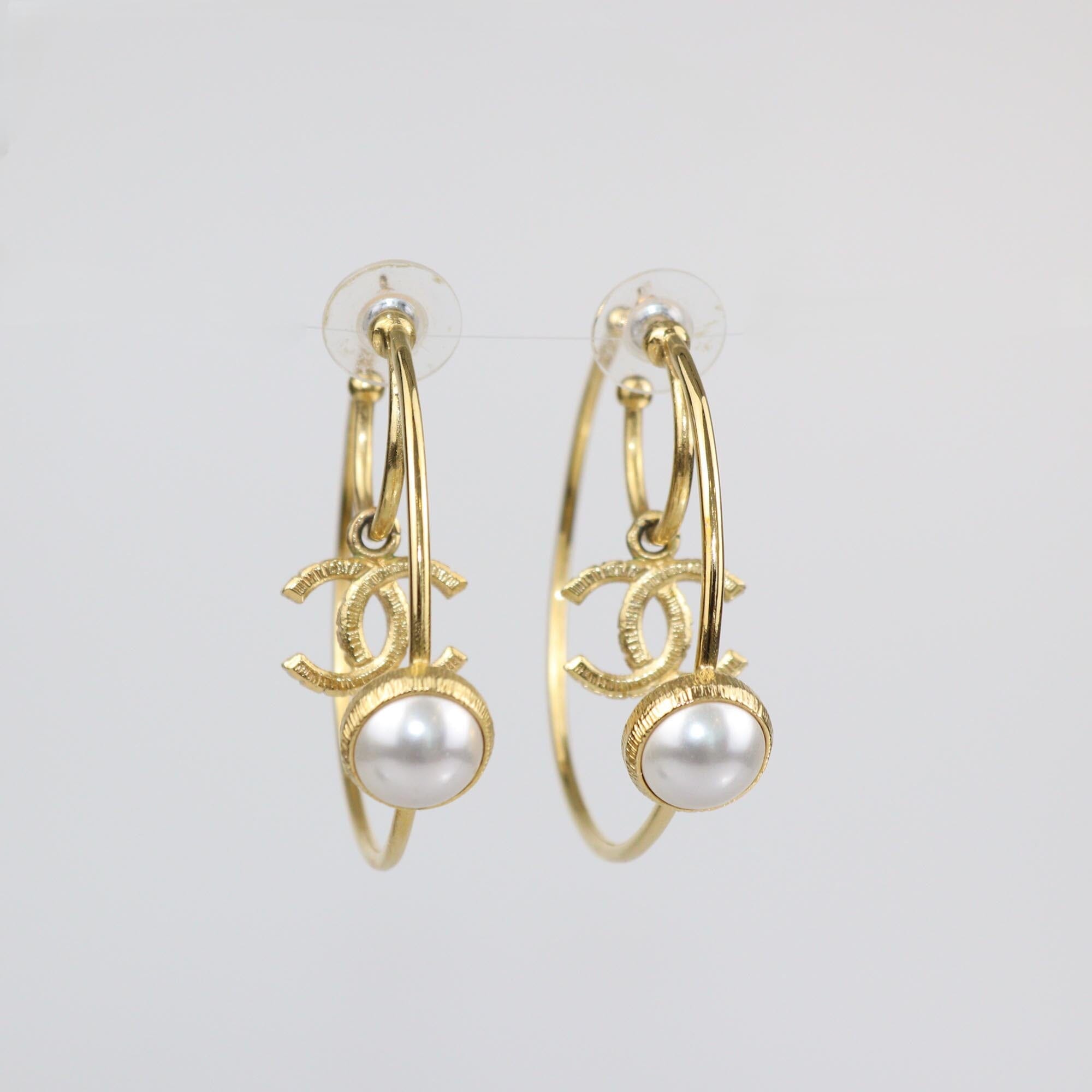 Chanel Gold Tone Metal Faux Pearl CC Charm Hoop Earrings Womens Chanel