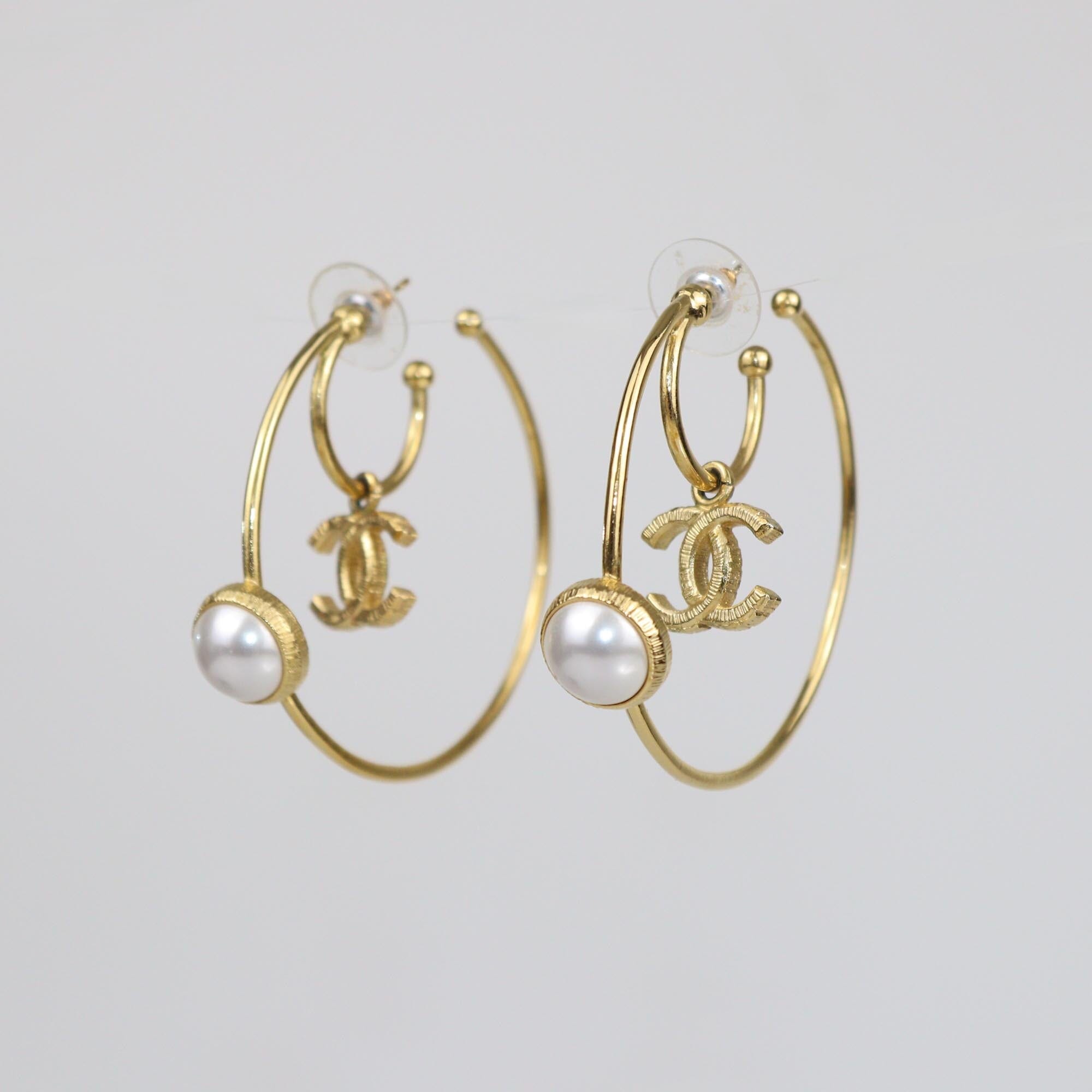 Chanel Gold Tone Metal Faux Pearl CC Charm Hoop Earrings Womens Chanel