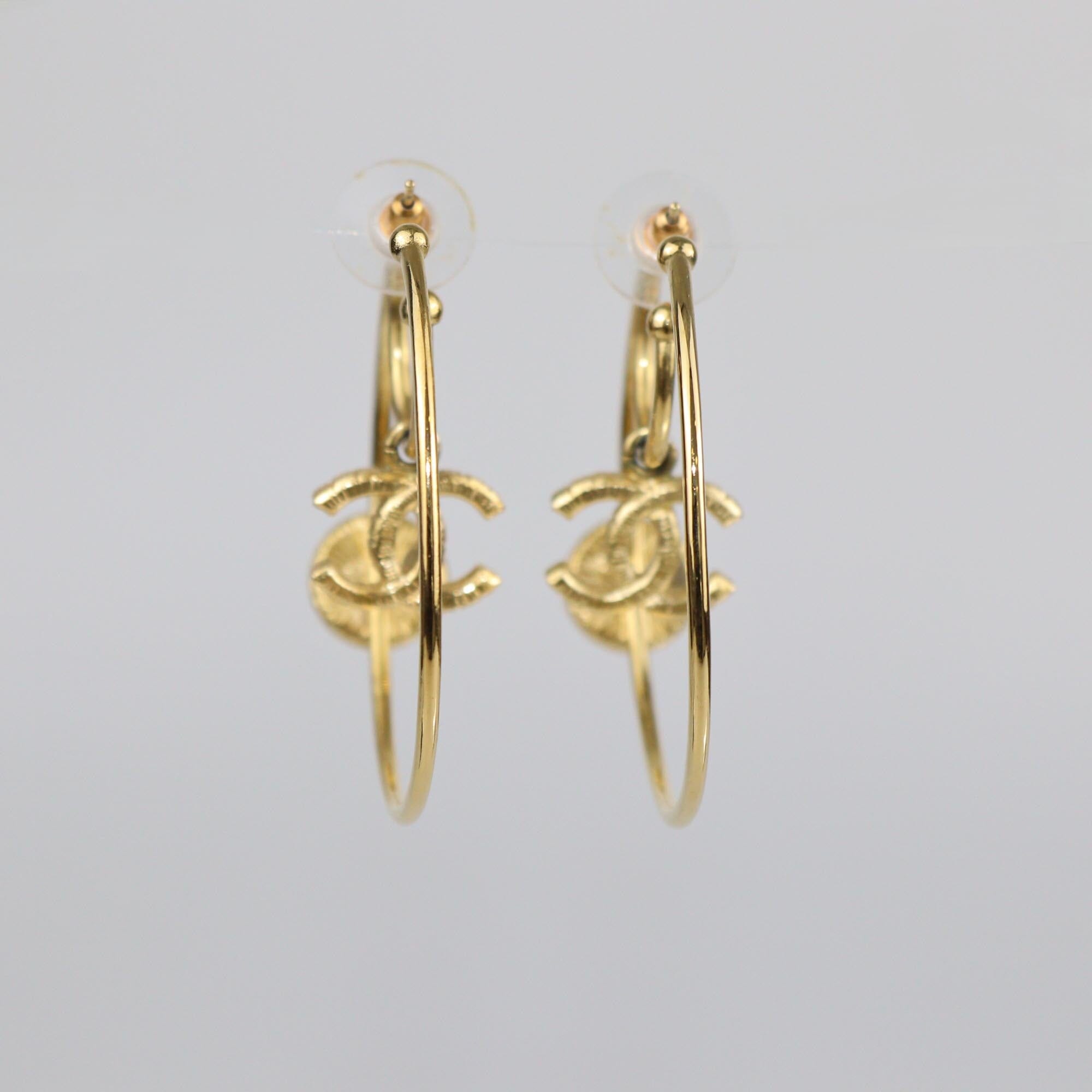 Chanel Gold Tone Metal Faux Pearl CC Charm Hoop Earrings Womens Chanel