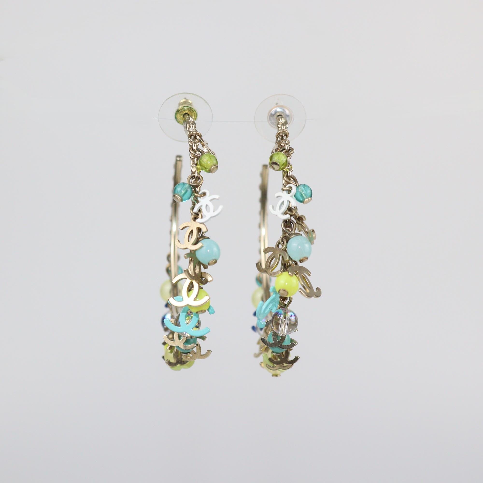 Chanel Gold Tone Metal/Multicolor CC Charms Hoop Earrings Womens Chanel