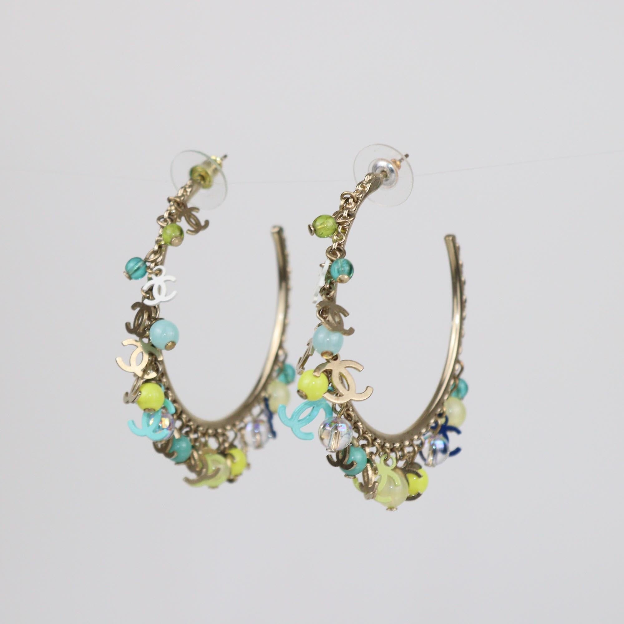 Chanel Gold Tone Metal/Multicolor CC Charms Hoop Earrings Womens Chanel