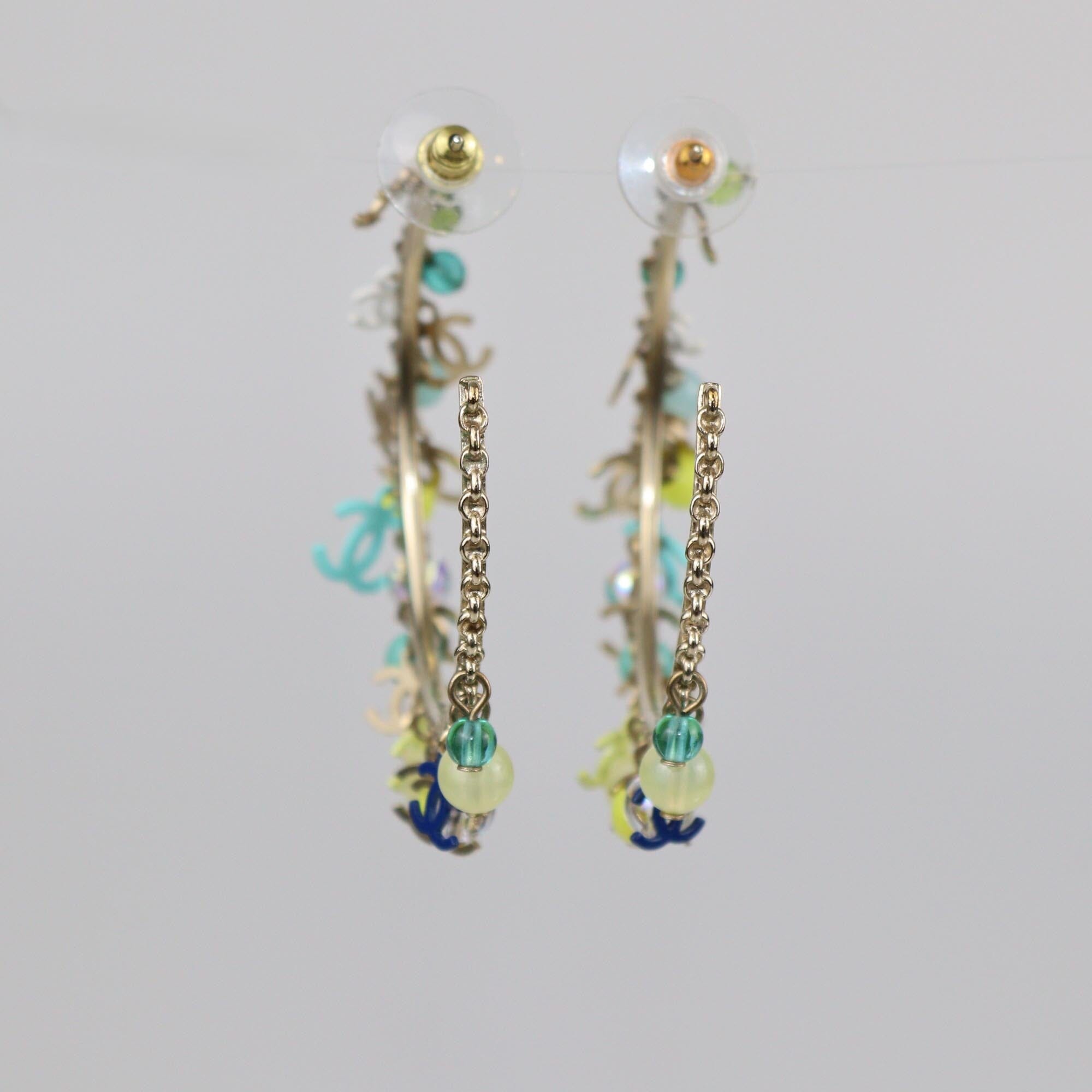 Chanel Gold Tone Metal/Multicolor CC Charms Hoop Earrings Womens Chanel