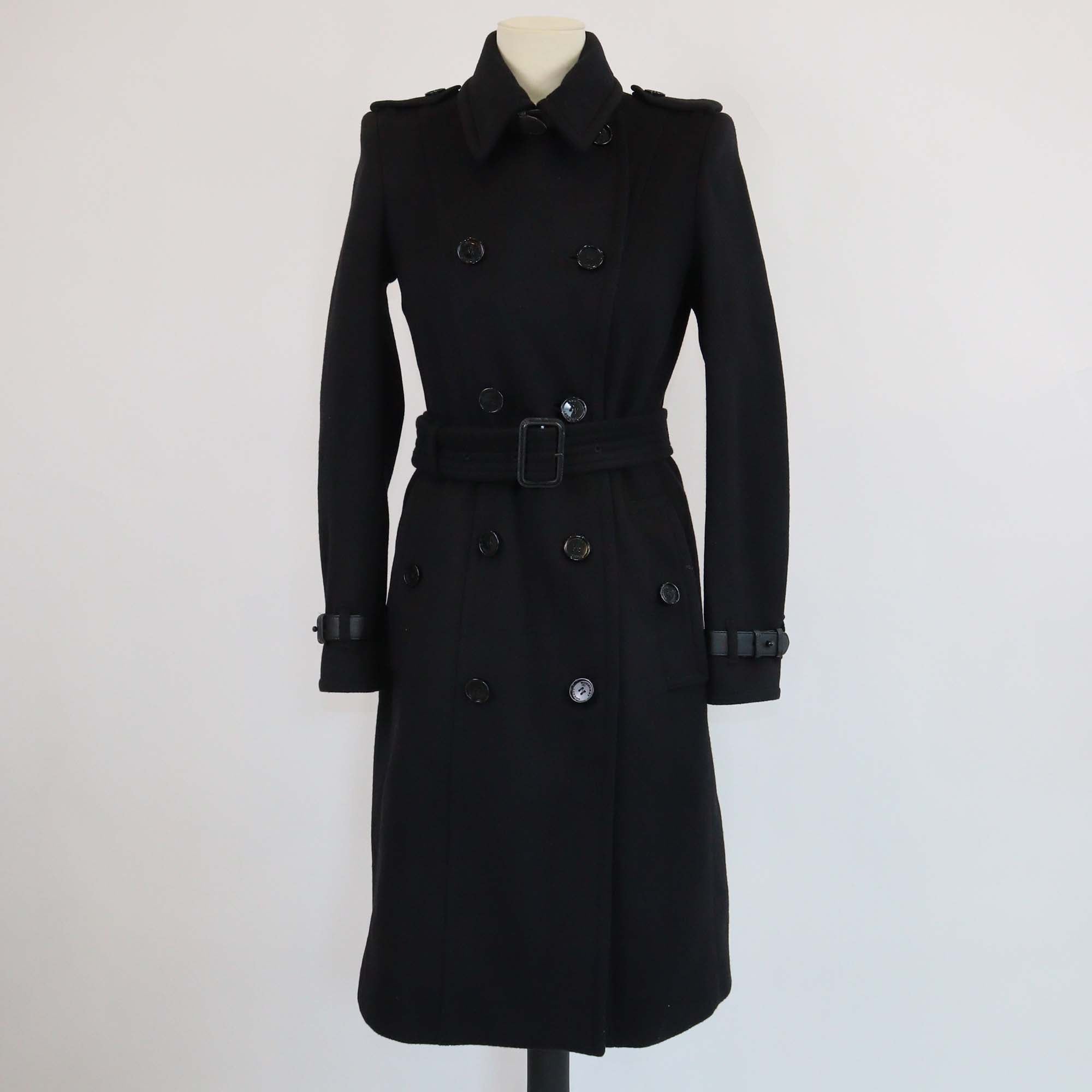 Burberry Brit Black Wool Belted Double Breasted Trench Coat