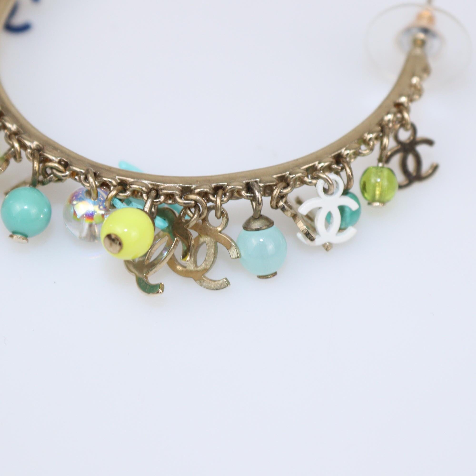 Chanel Gold Tone Metal/Multicolor CC Charms Hoop Earrings Womens Chanel