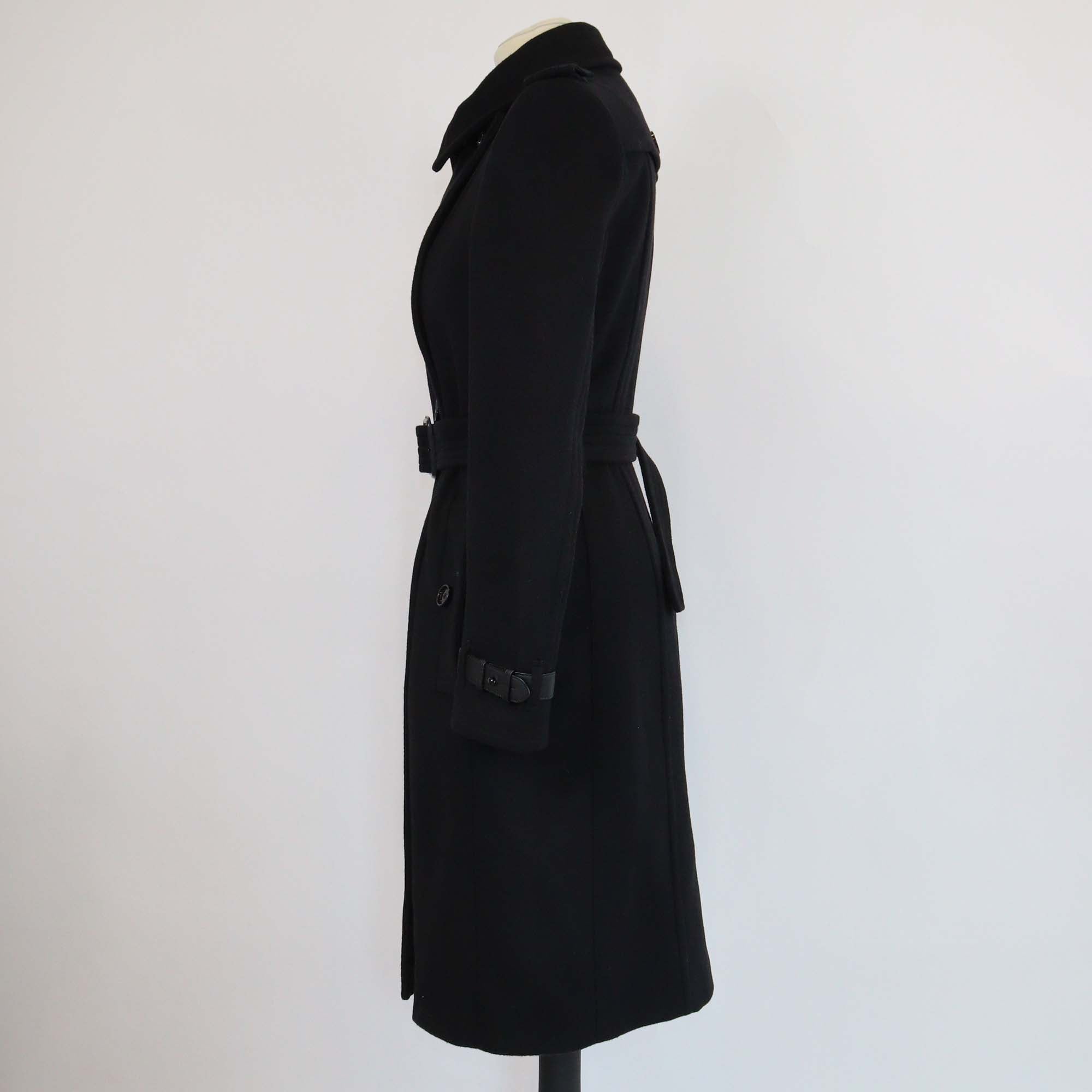 Burberry Brit Black Wool Belted Double Breasted Trench Coat