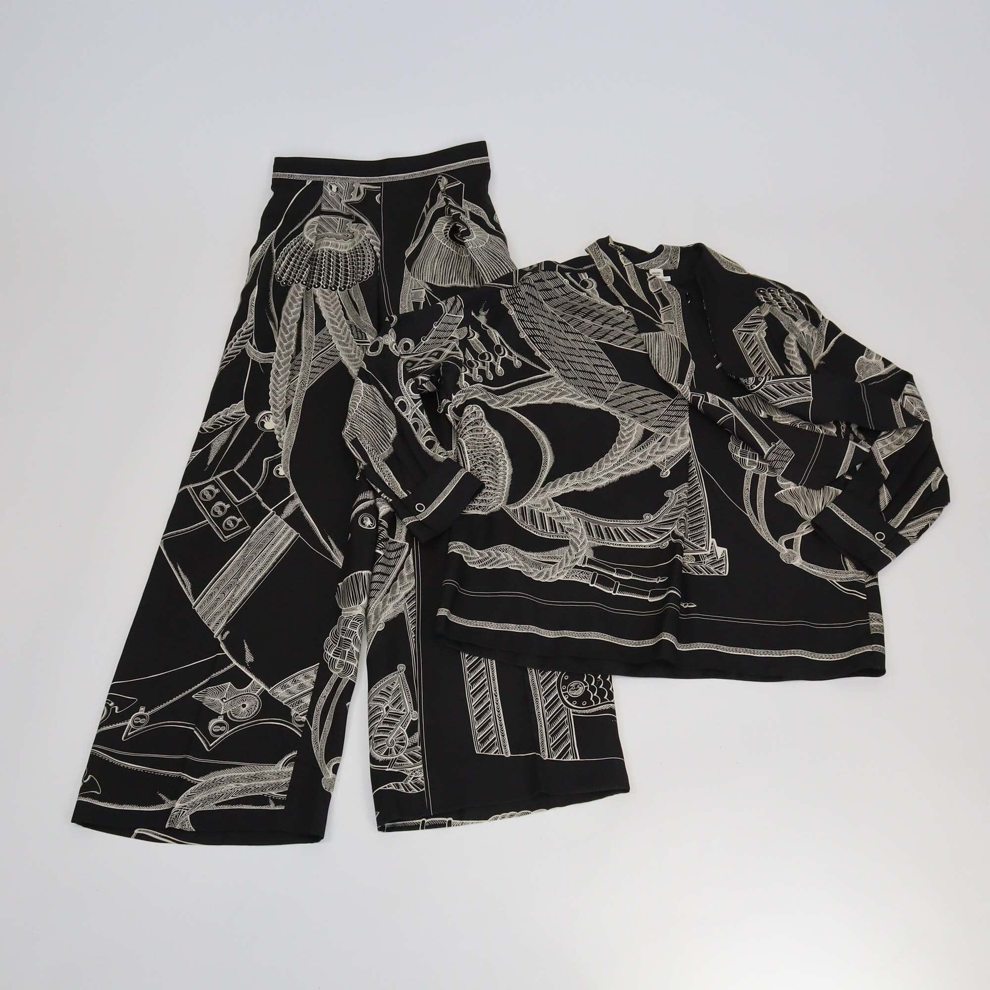 Hermes Black Zouaves et Dragons Finesse Print Neck Tie Long Sleeve Blouse & Pyjama Pants Set Womens Hermes