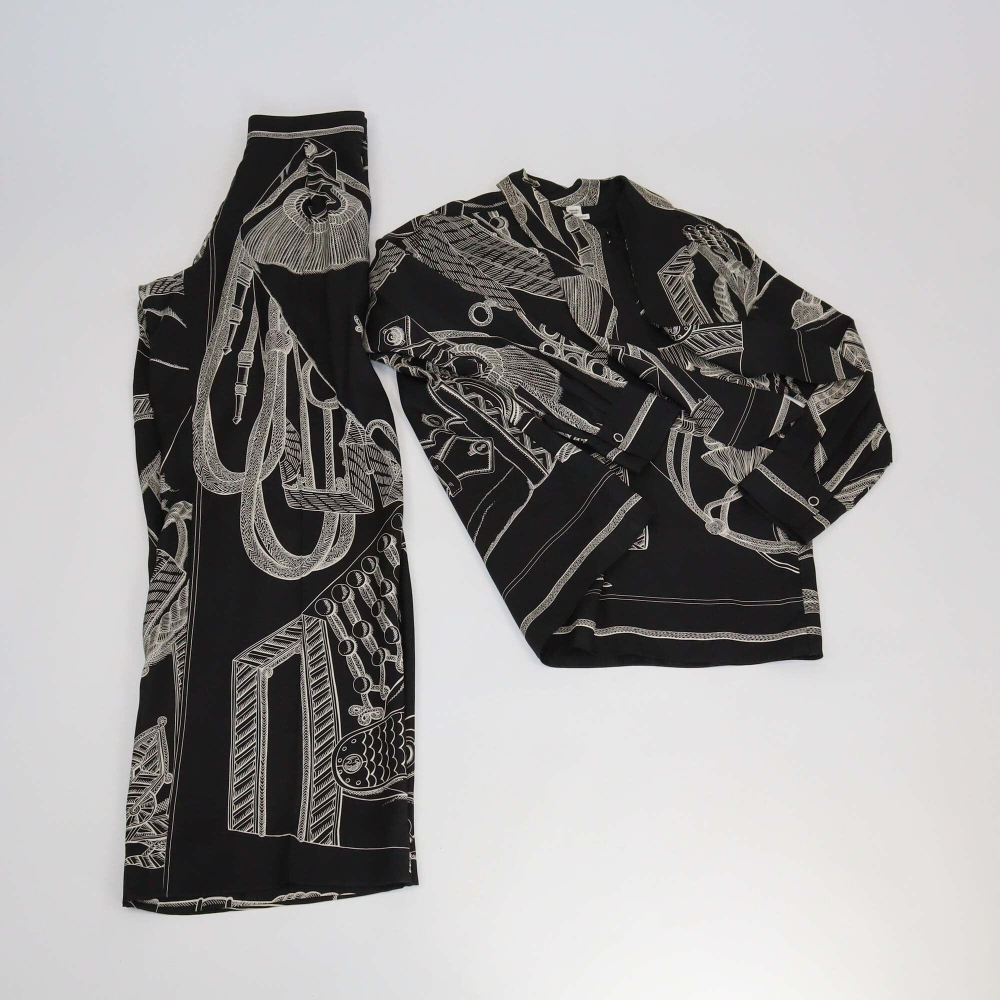 Hermes Black Zouaves et Dragons Finesse Print Neck Tie Long Sleeve Blouse & Pyjama Pants Set Womens Hermes