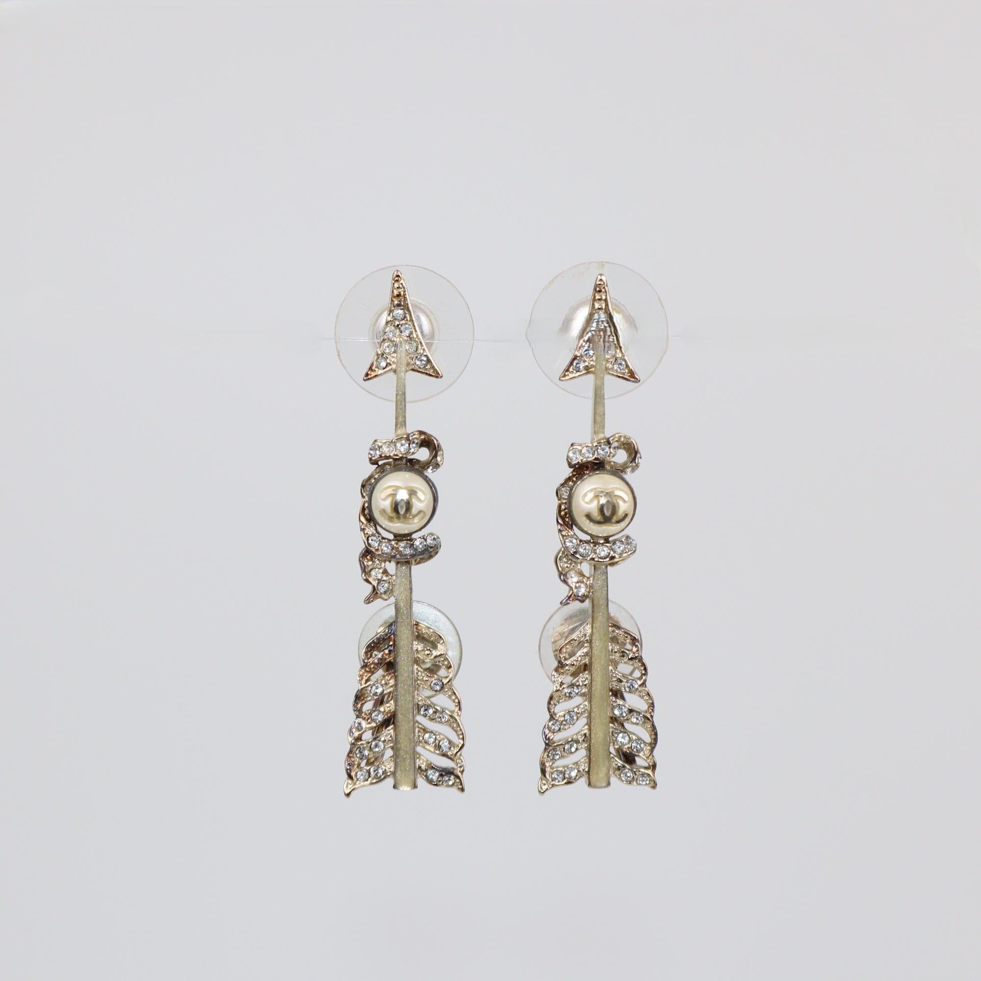 Chanel Gold Tone Metal Crystal & Faux Pearl CC Arrow Earrings Womens Chanel